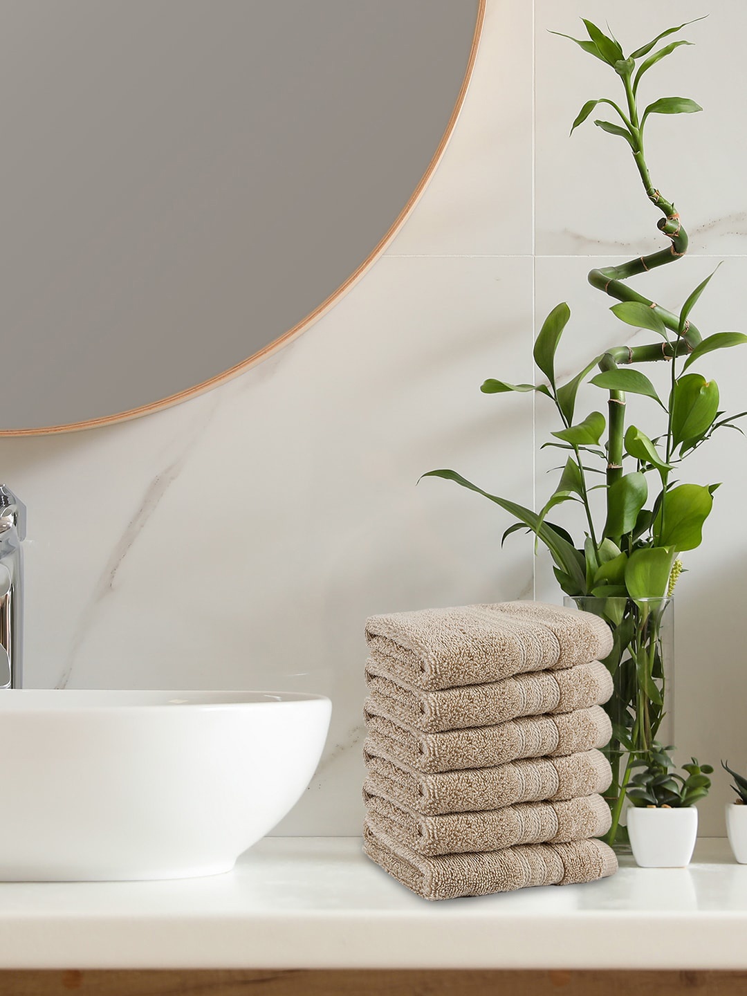 Trident Set Of 6 Beige-Coloured Solid 550 GSM 100% Cotton Face Towels