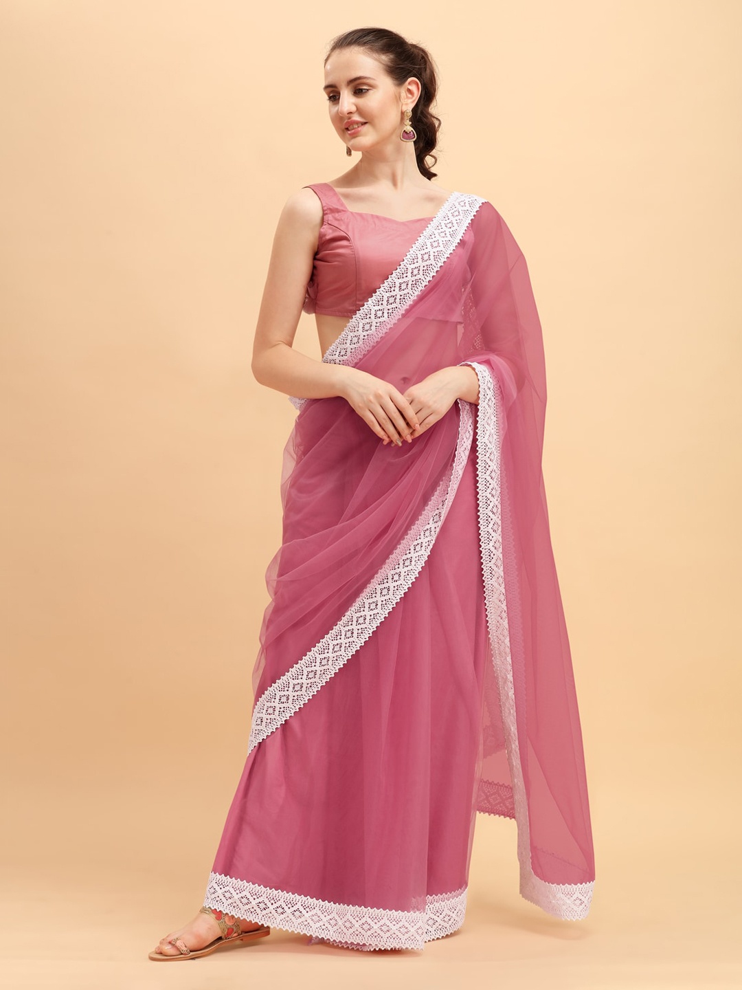 Sangria Pink Net Solid Saree