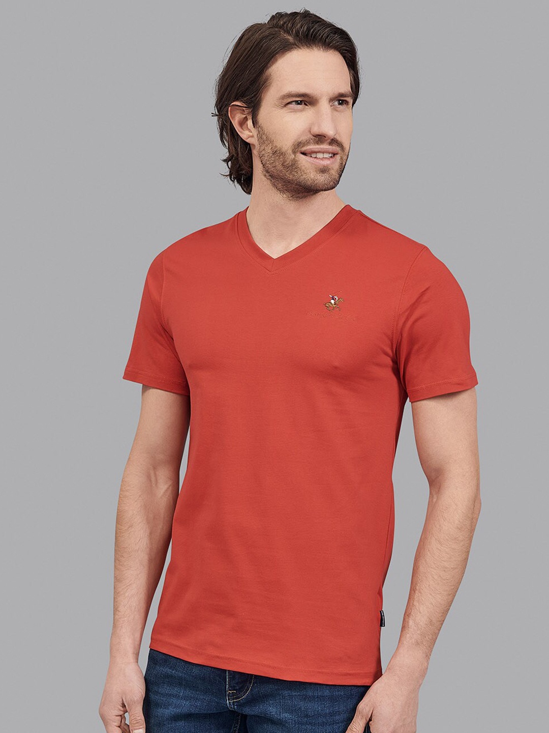 Beverly Hills Polo Club Men Red Self Design V-Neck T-shirt