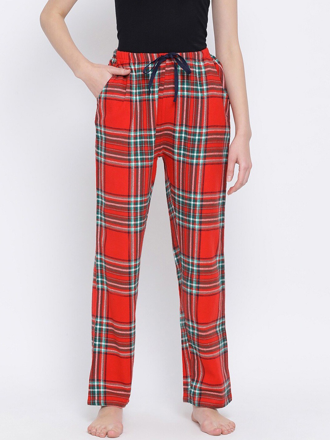 Kanvin Women Red & Green Checked Pure Cotton Lounge Pants