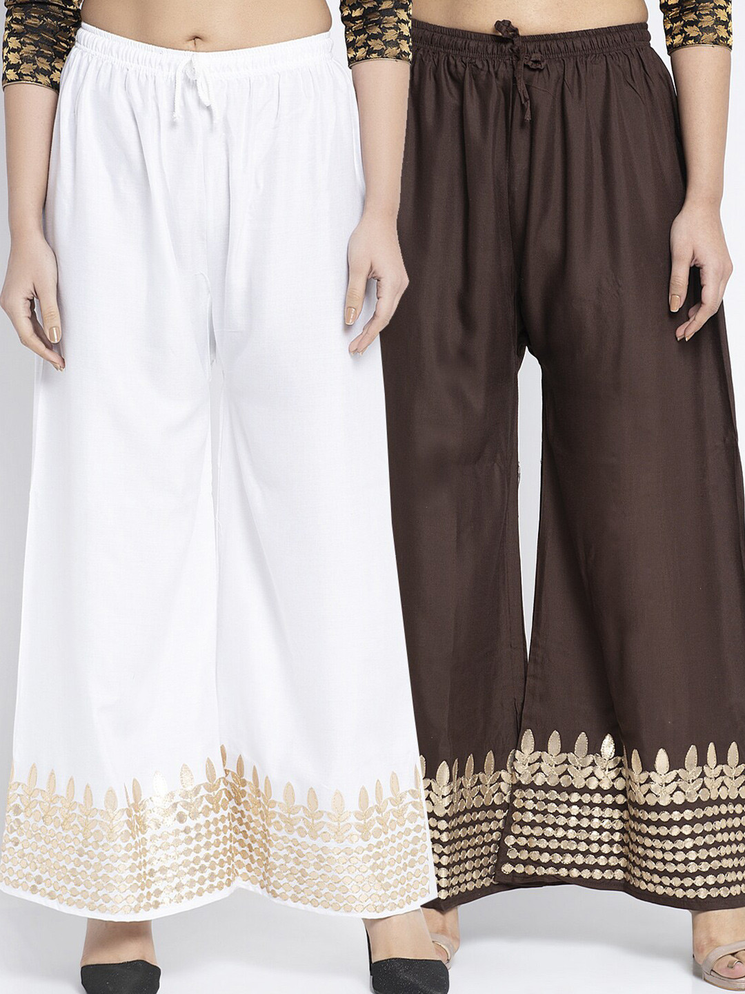 GRACIT Women Set of 2 White & Coffee Brown Ethnic Motifs Hem Design Knitted Palazzos
GRACIT Women Set of 2 White & Coffee Brown Ethnic Motifs Hem Design Knitted Palazzos