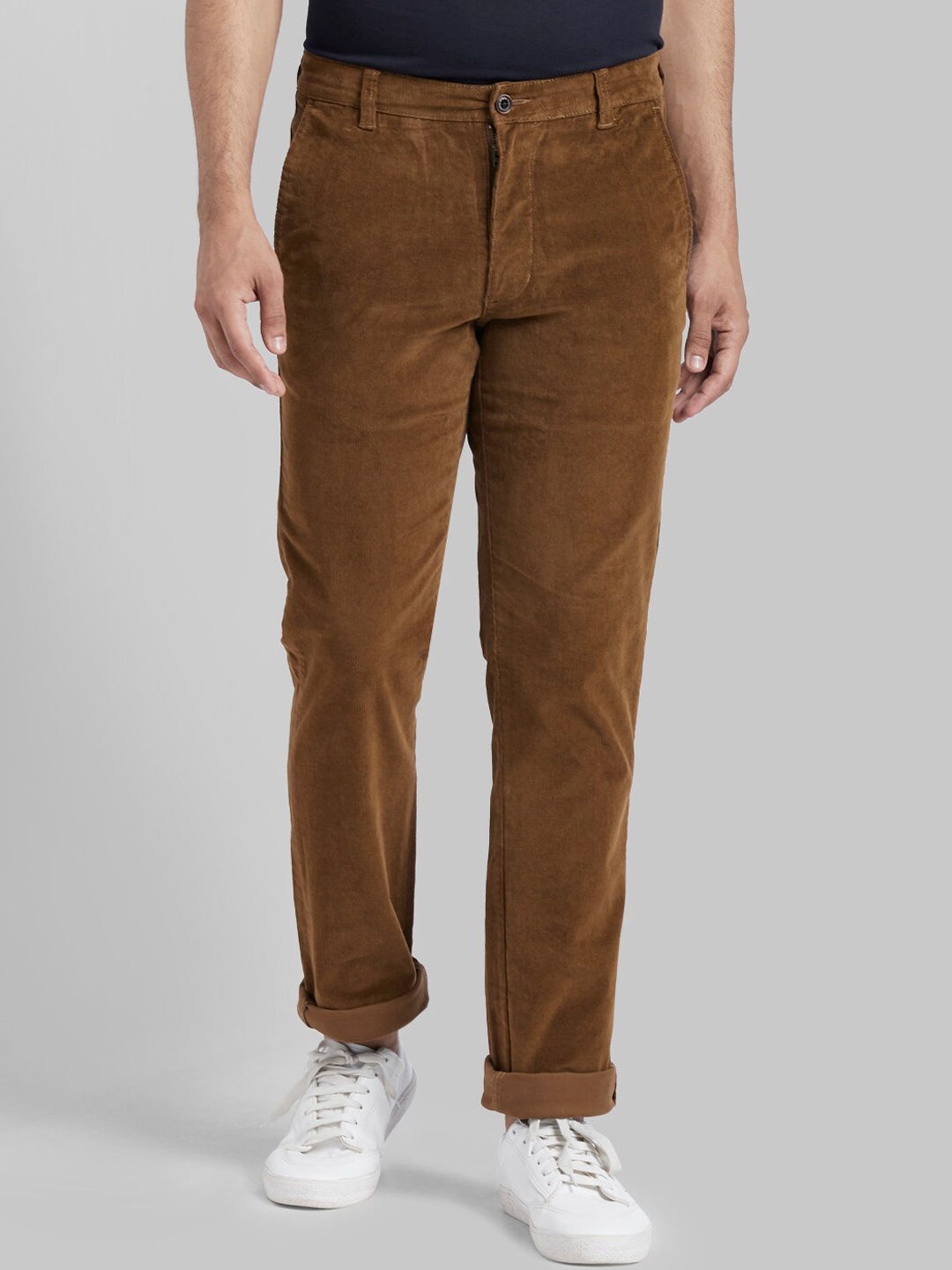 Parx Men Dark Khaki Solid Slim Fit Corduroy Regular Trousers
