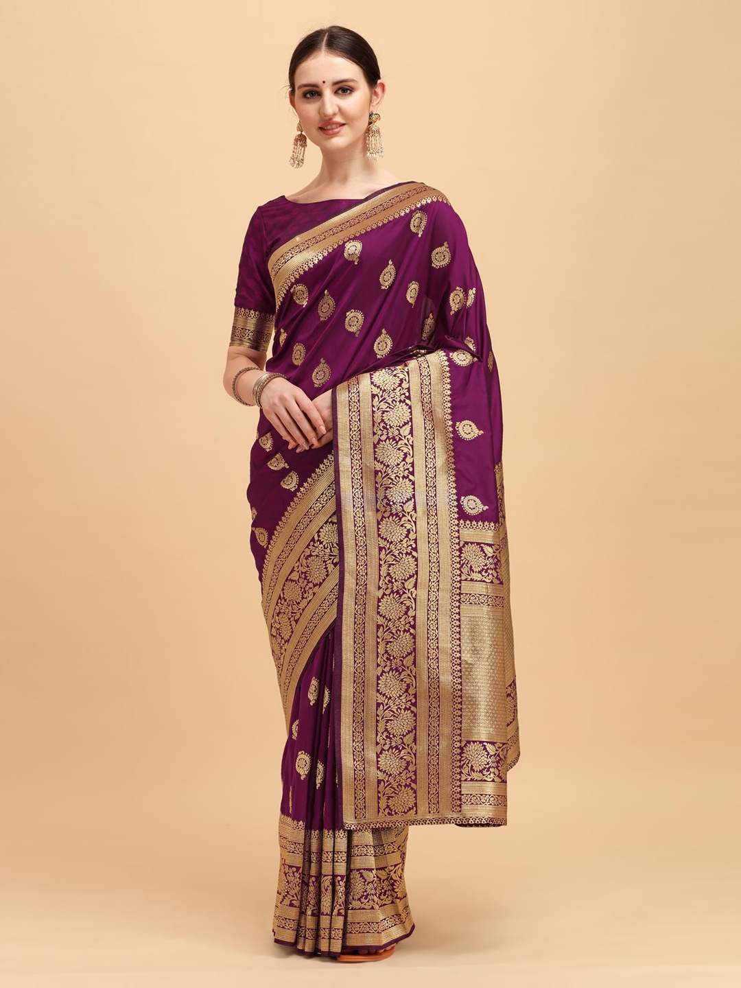 House of Pataudi Purple & Golden Ethnic Motifs Zari Silk Blend Saree