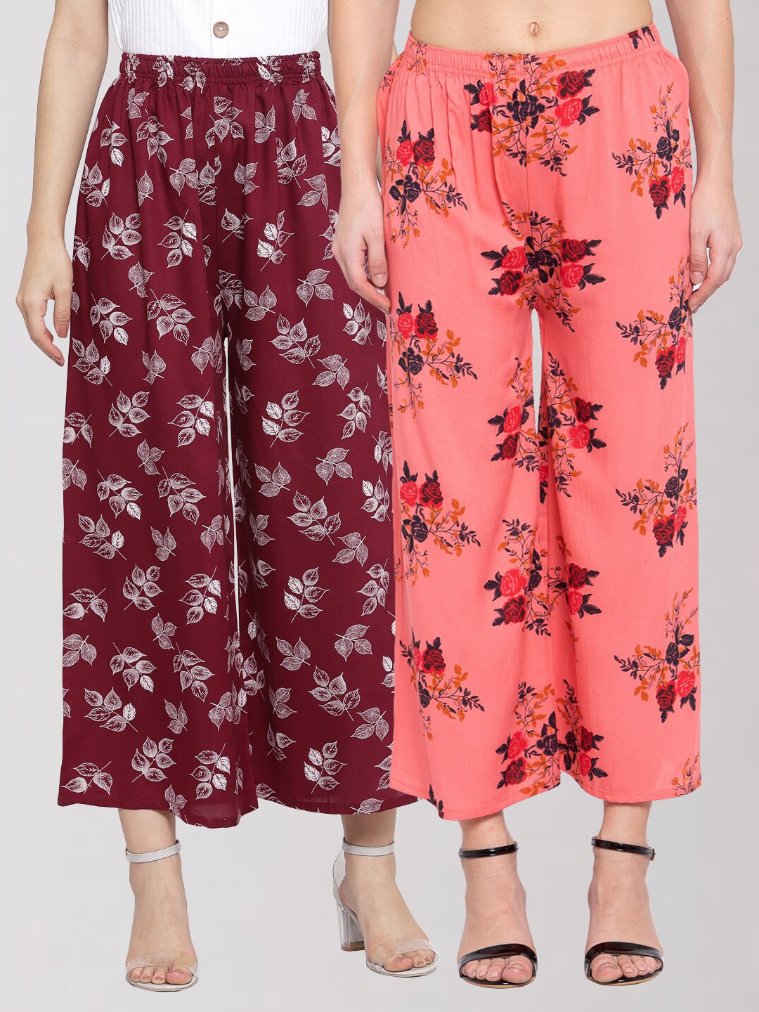 KLOTTHE Women Maroon & Peach Set Of 2 Floral Printed Palazzos