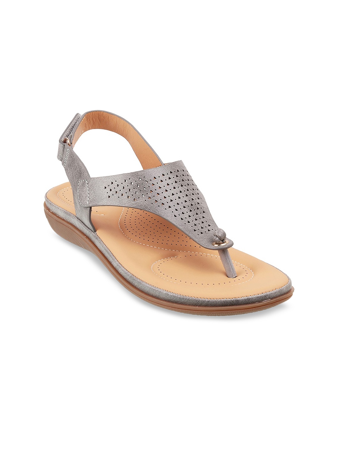 Metro Women Grey Open Toe Flats with Laser Cuts