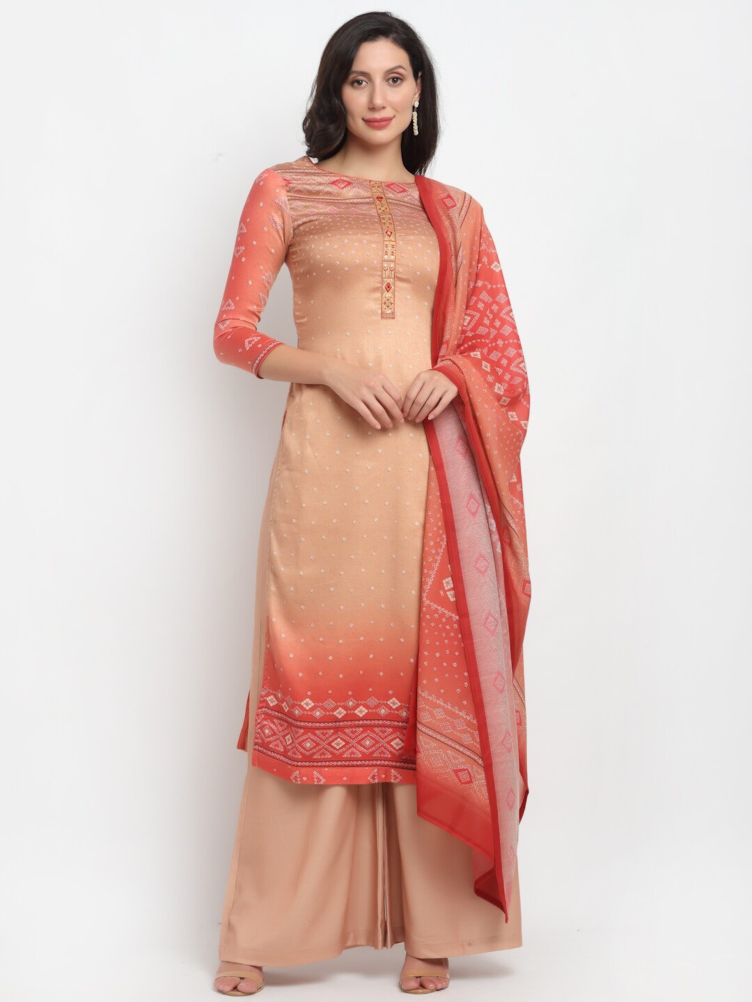 Stylee LIFESTYLE Beige & Red Embroidered Pure Cotton Unstitched Dress Material