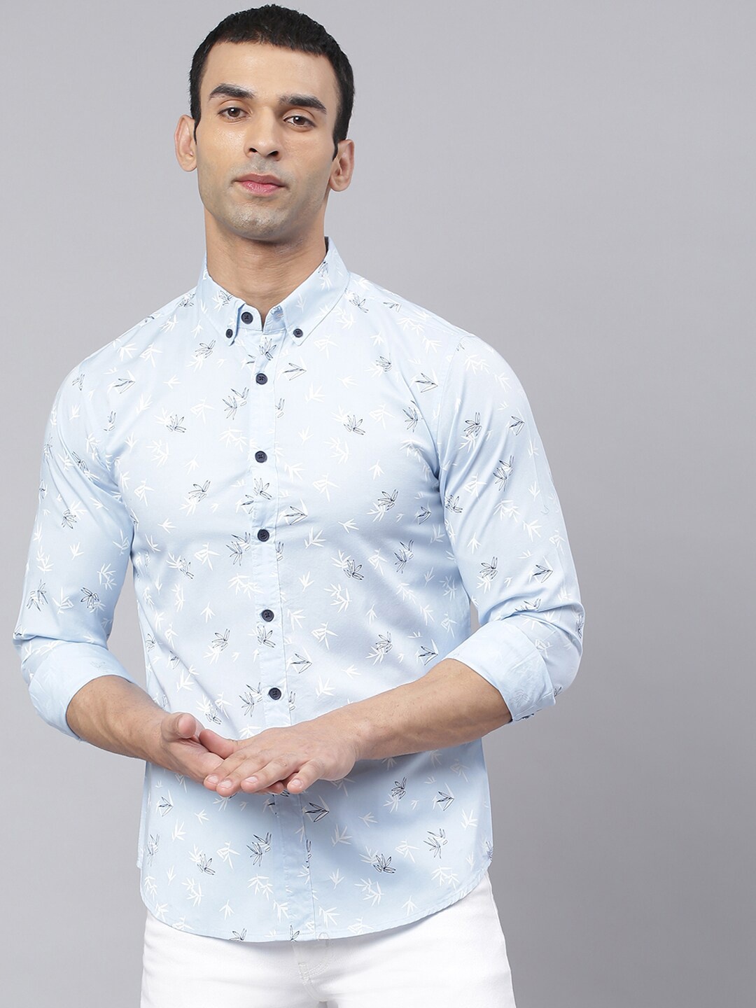 Dennis Lingo Men Blue Comfort Slim Fit Printed Pure Cotton Casual Shirt