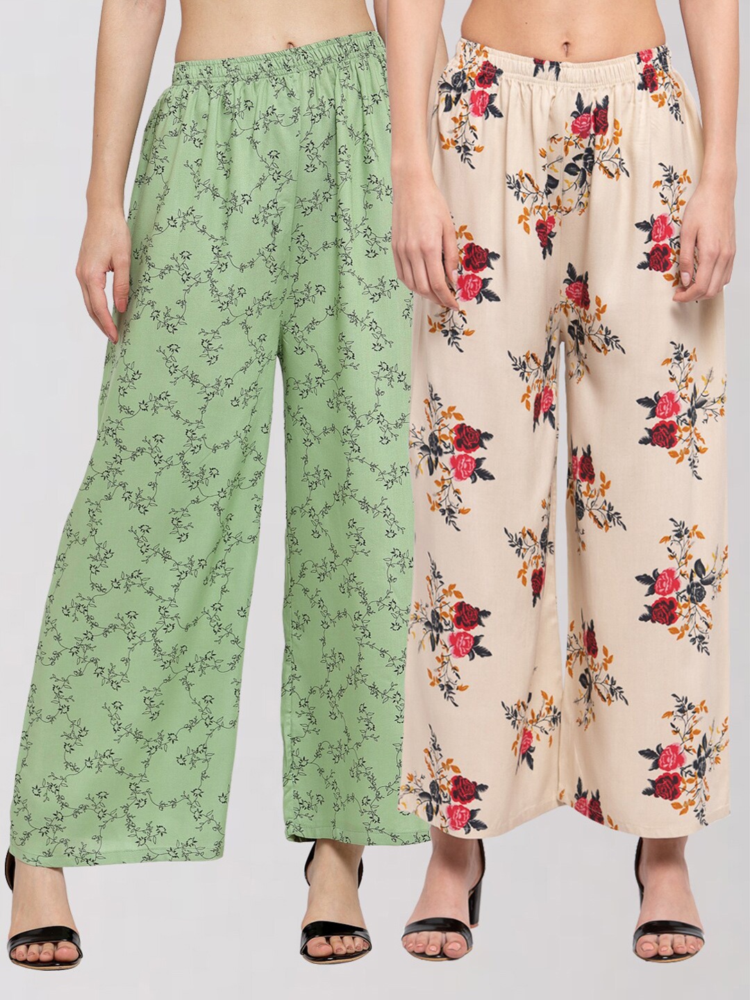 KLOTTHE Pack of 2 Women Green & Cream-Coloured Printed Cropped Palazzos