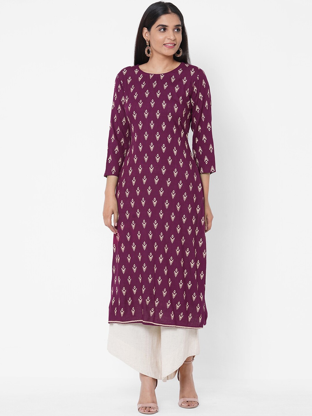 FASHOR Women Burgundy & Off White Ethnic Motifs Printed Kurta