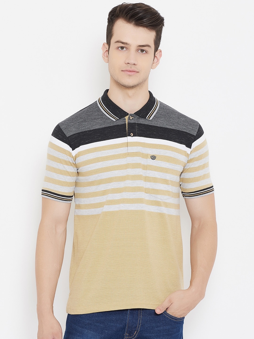 Duke Men Yellow Striped Polo Collar T-shirt