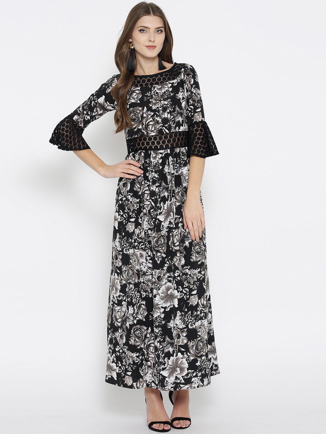 Cottinfab Black Floral Crepe Maxi Dress