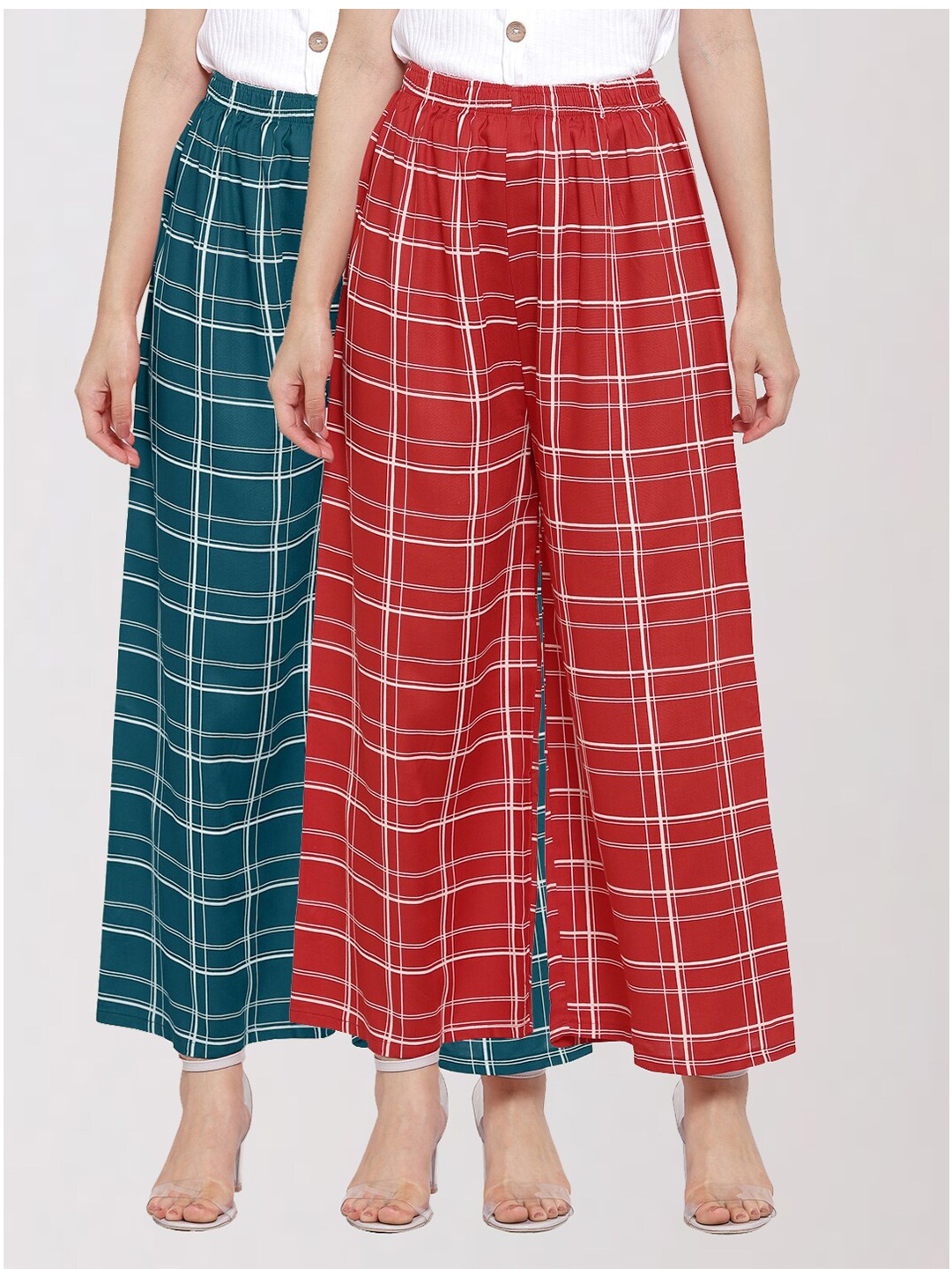 KLOTTHE Women Pack of 2 Red & Green Checked Cropped Palazzos