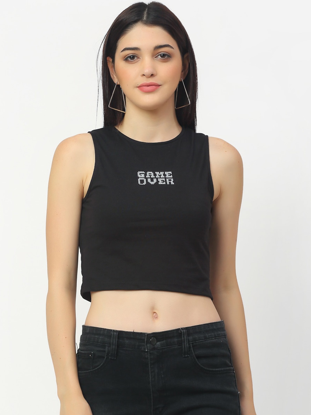Rigo Black Printed Fitted Crop Top