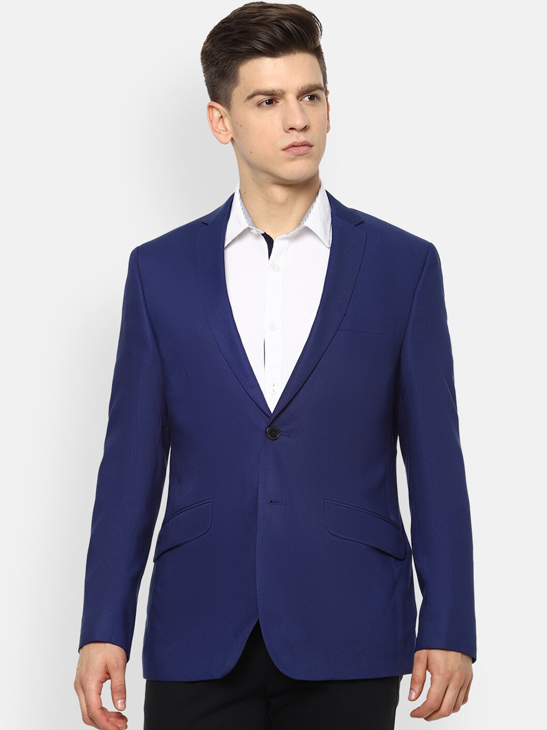 V Dot Men Blue Self Design Single Breasted Smart Casual Blazer