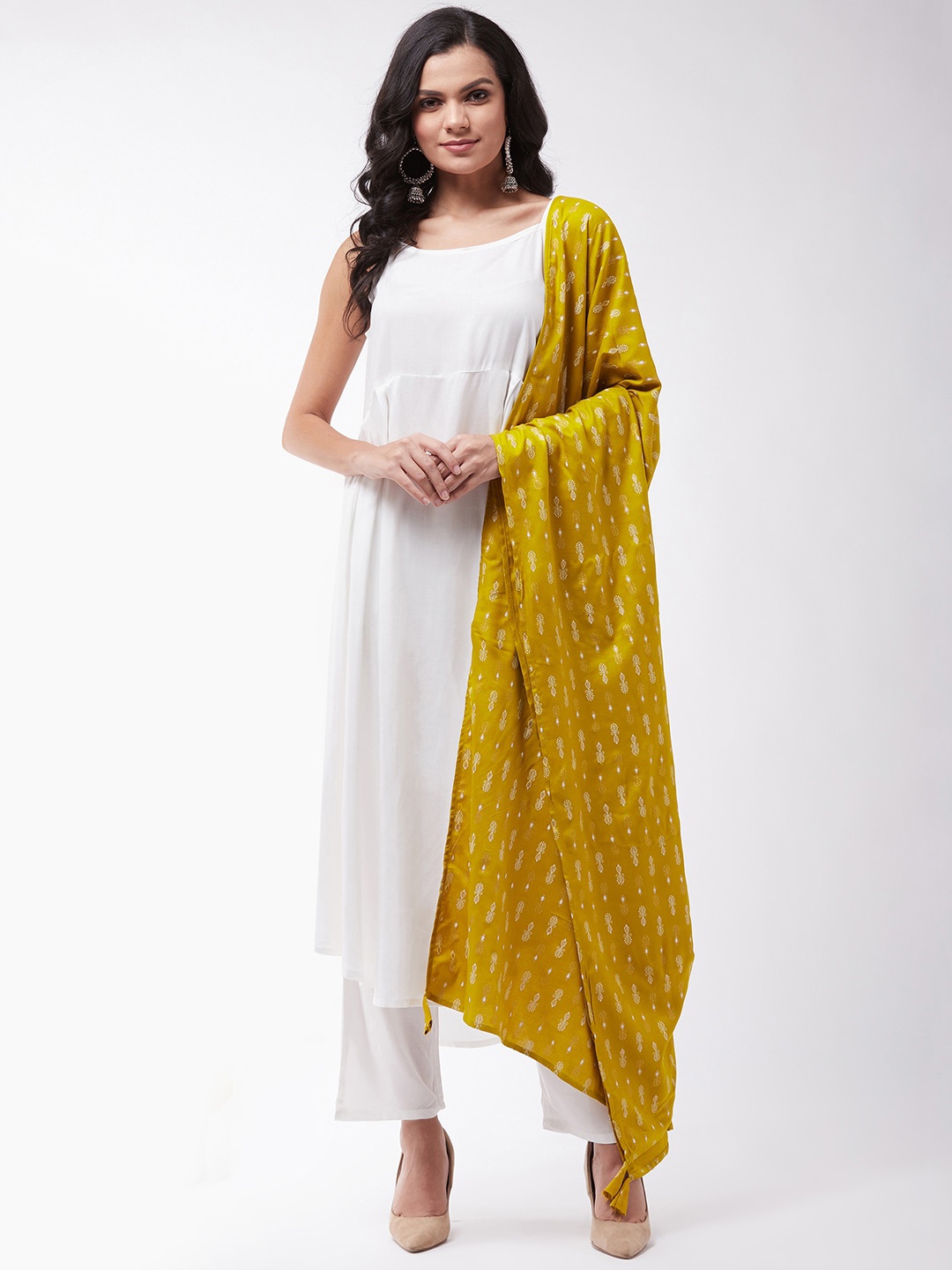 InWeave Women White & Mustard Yellow Empire Kurta with Trousers & With Dupatta