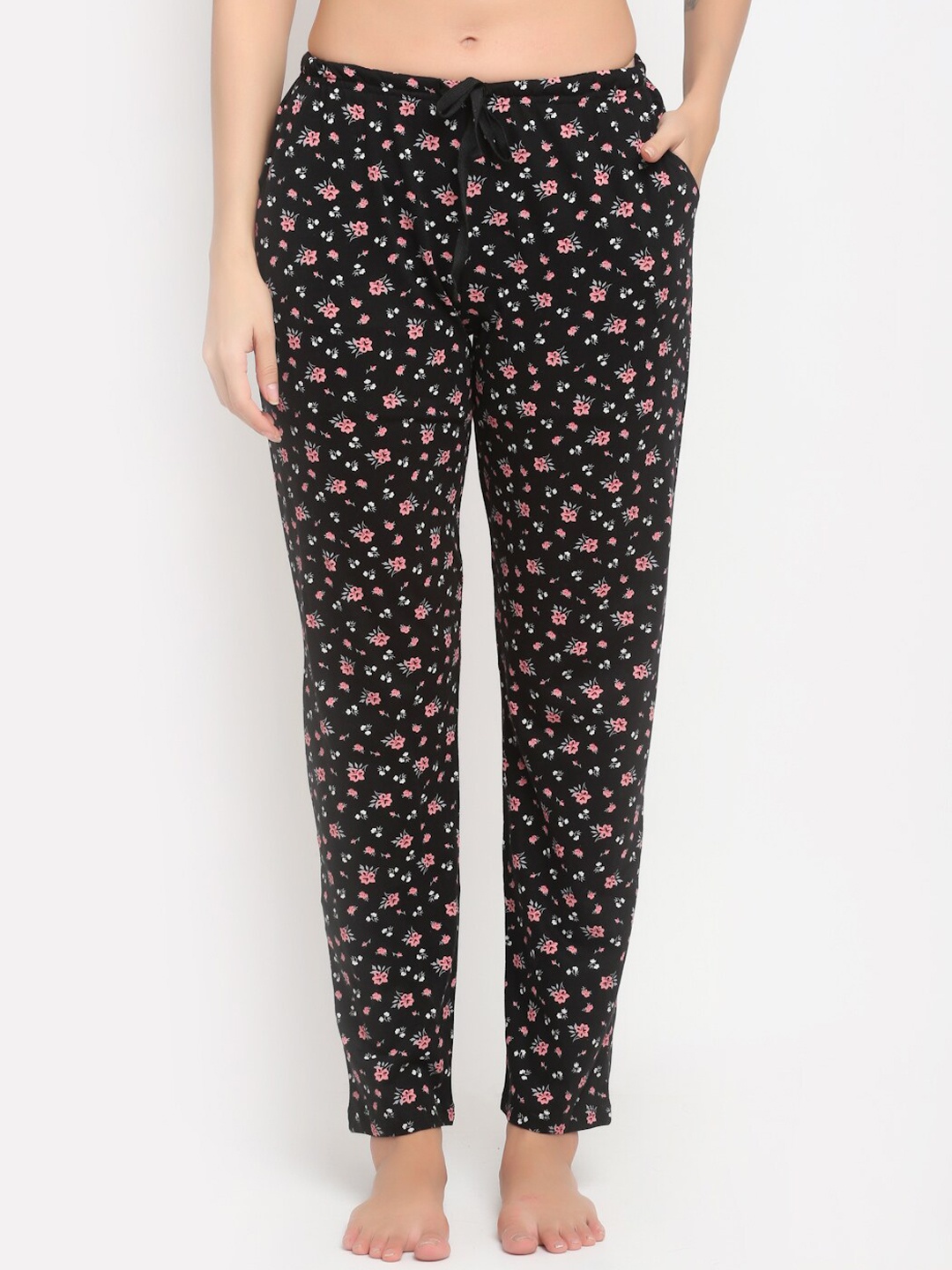 Kanvin Women Black & Pink Floral Printed Pure Cotton Lounge Pants