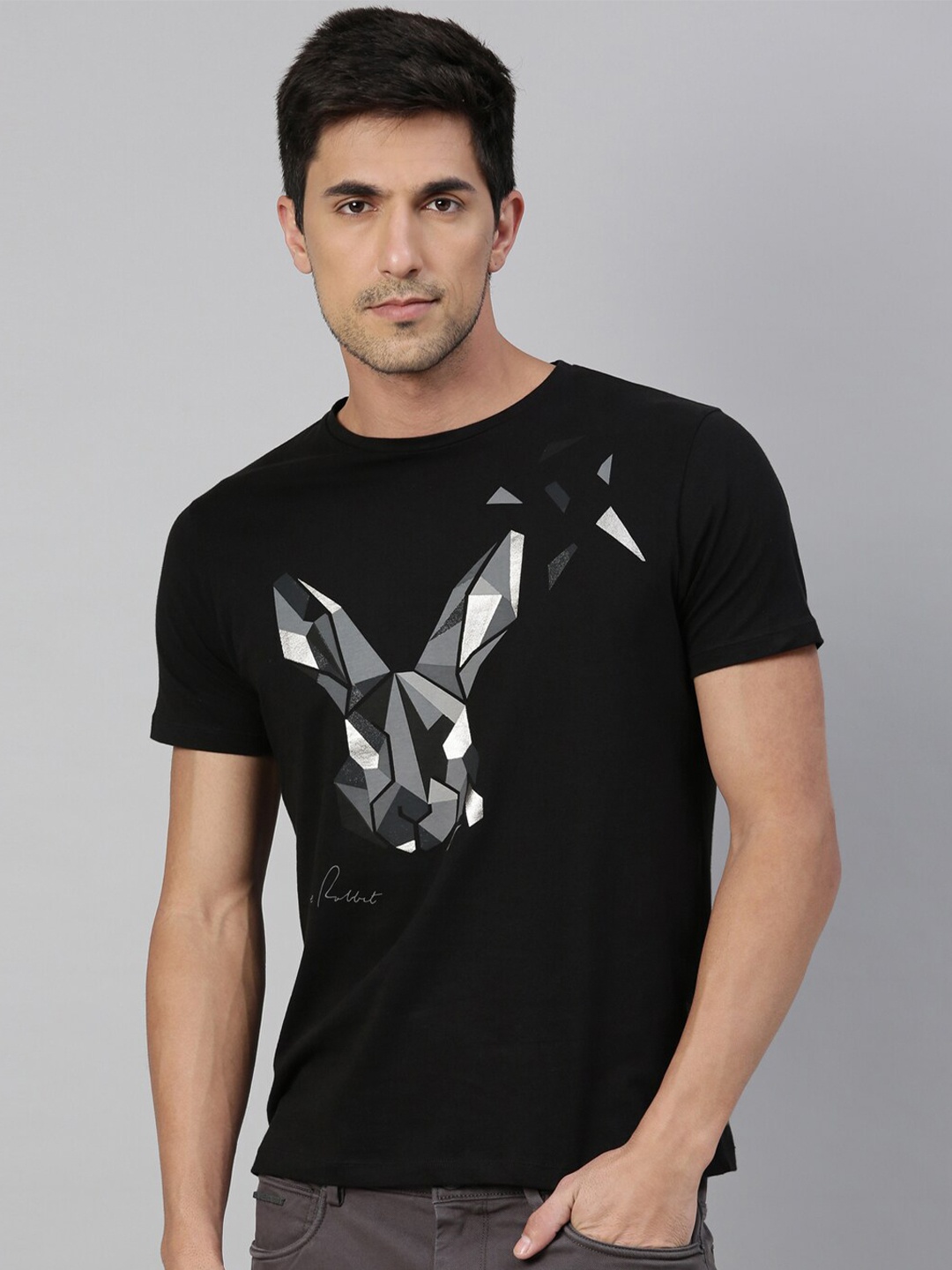 RARE RABBIT Men Black Typography Printed T-shirt Pockets Tshirts