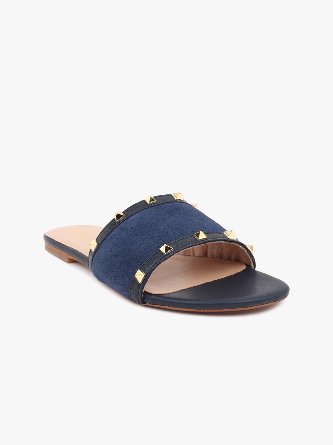 KLASE Women Navy Blue & Gold-Toned Leather Open Toe Flats with Embellished Detail
