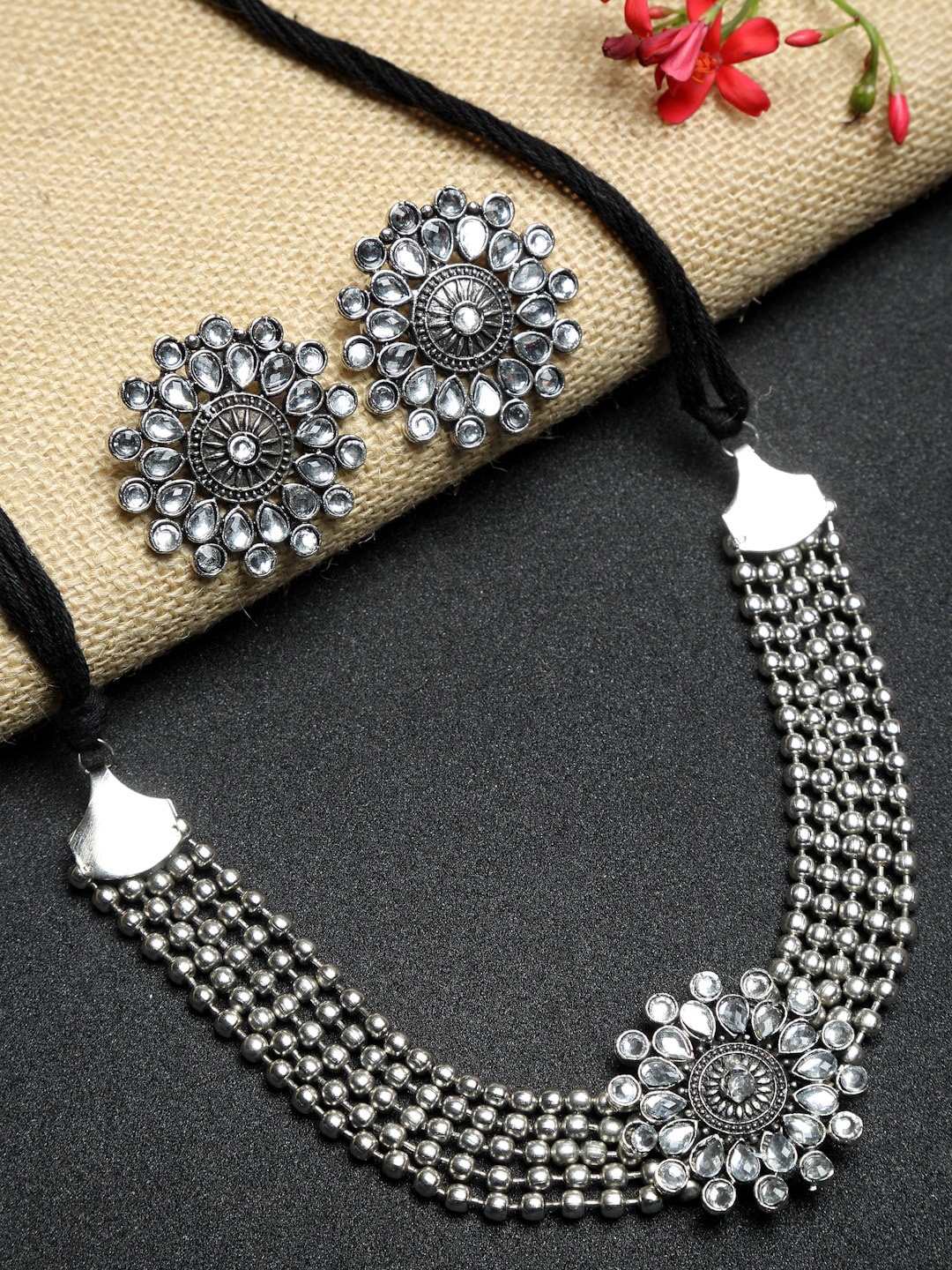 NEUDIS Oxidized Silver-Plated Stone-Studded Jewellery Set