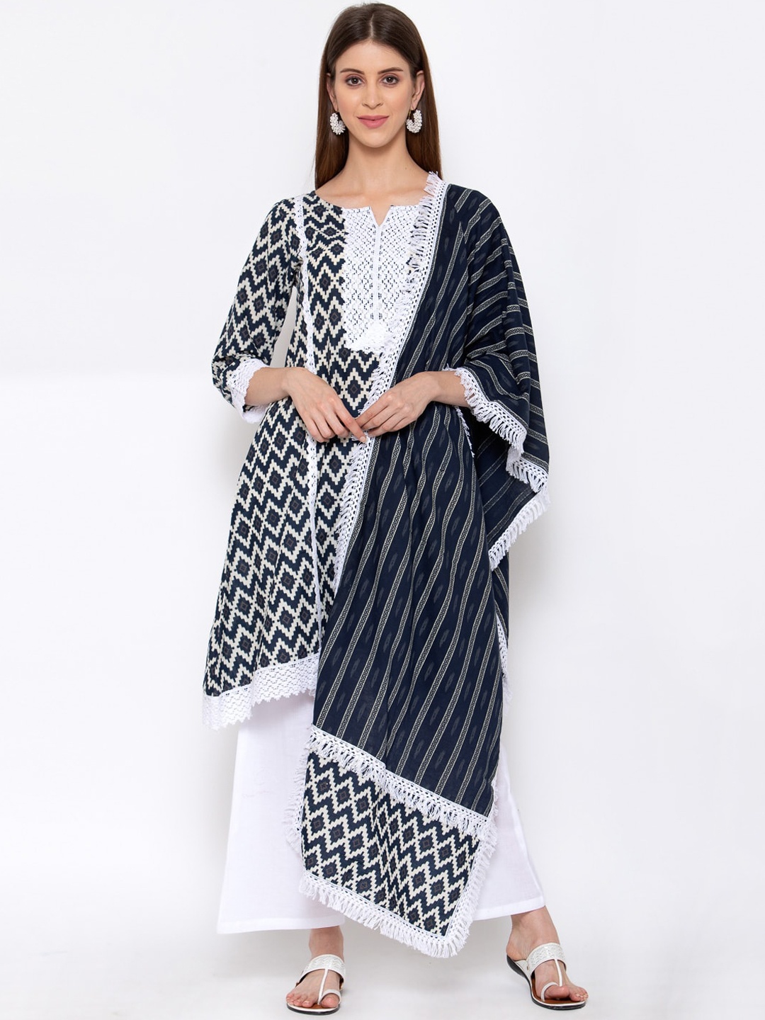 Yuris Women Navy Blue Printed Panelled Pure Cotton Kurta with Palazzos & With Dupatta
Yuris Women Navy Blue Printed Panelled Pure Cotton Kurta with Palazzos & With Dupatta