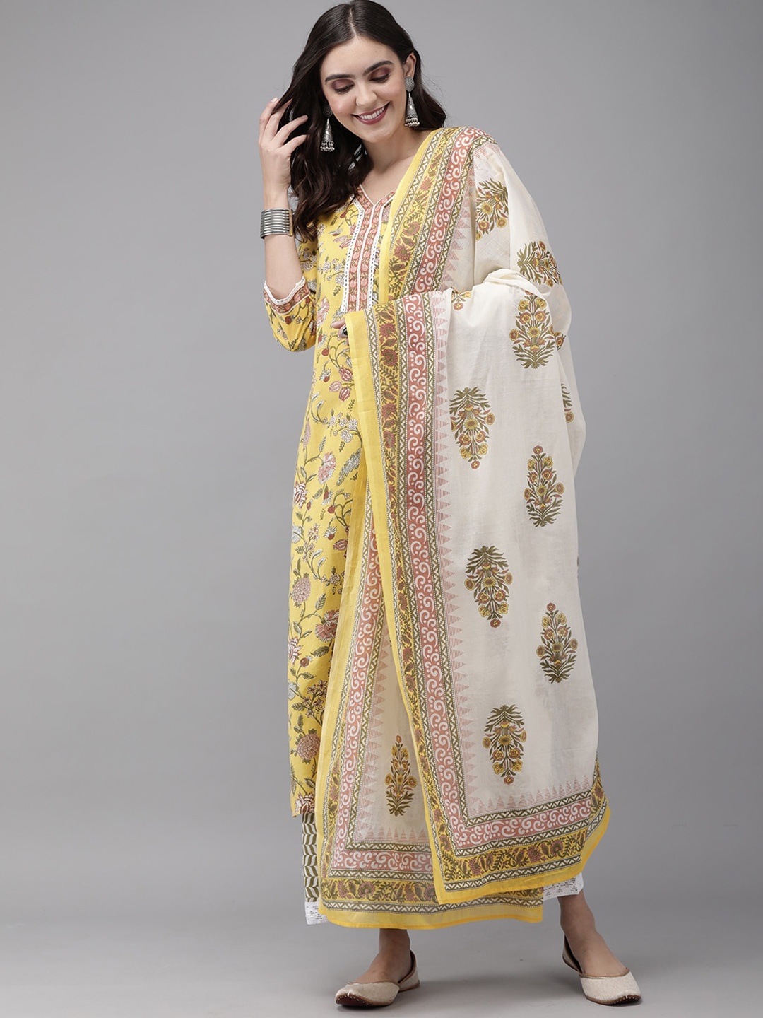 Indo Era Women Yellow Printed High Slit Pure Cotton Kurta with Palazzos & Dupatta
Indo Era Women Yellow Printed High Slit Pure Cotton Kurta with Palazzos & Dupatta