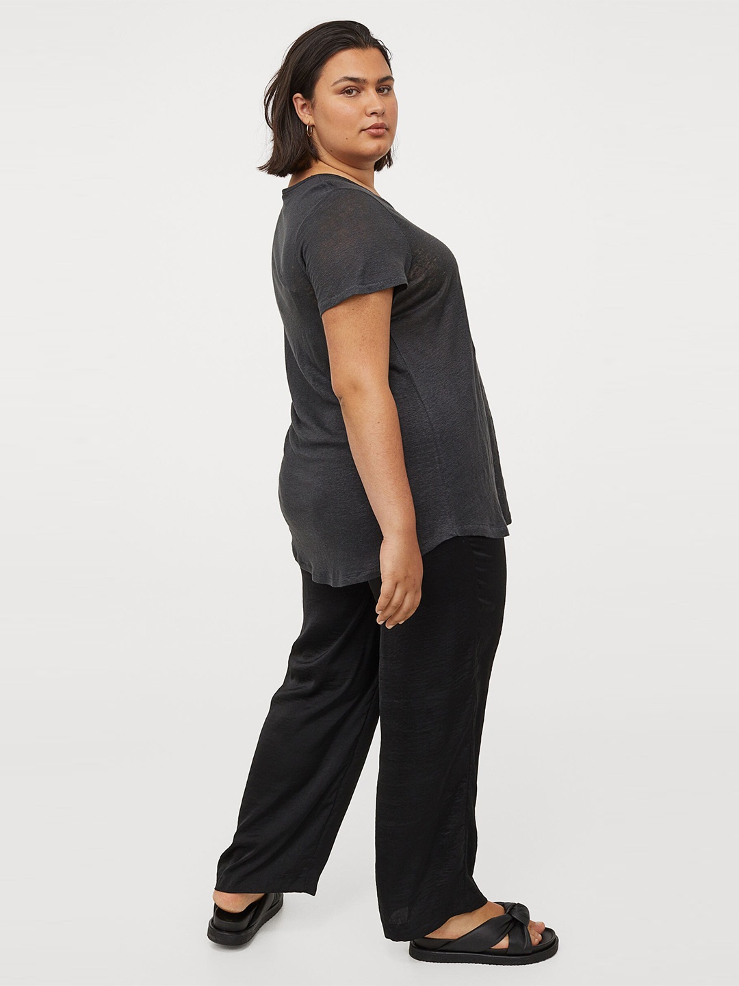 H&M+ Women Charcoal Grey Linen Jersey T-shirt