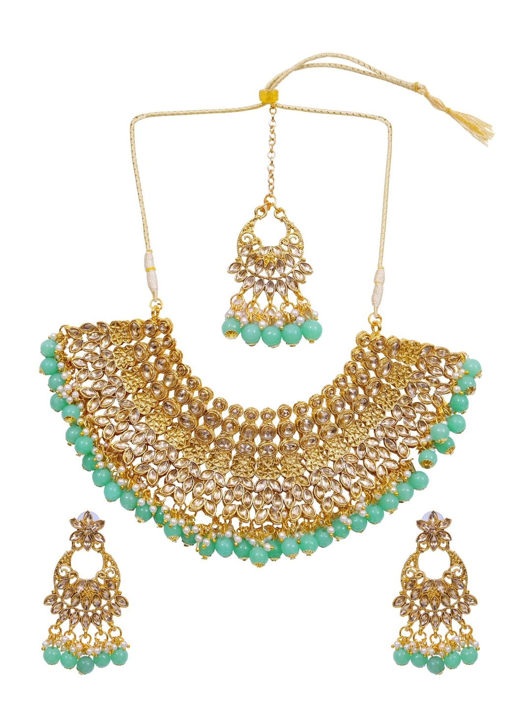 Crunchy Fashion Gold-Plated Sea Green Stone -Studded & Pearl-Beaded Traditional Antique Jewellery Set
Crunchy Fashion Gold-Plated Sea Green Stone -Studded & Pearl-Beaded Traditional Antique Jewellery Set