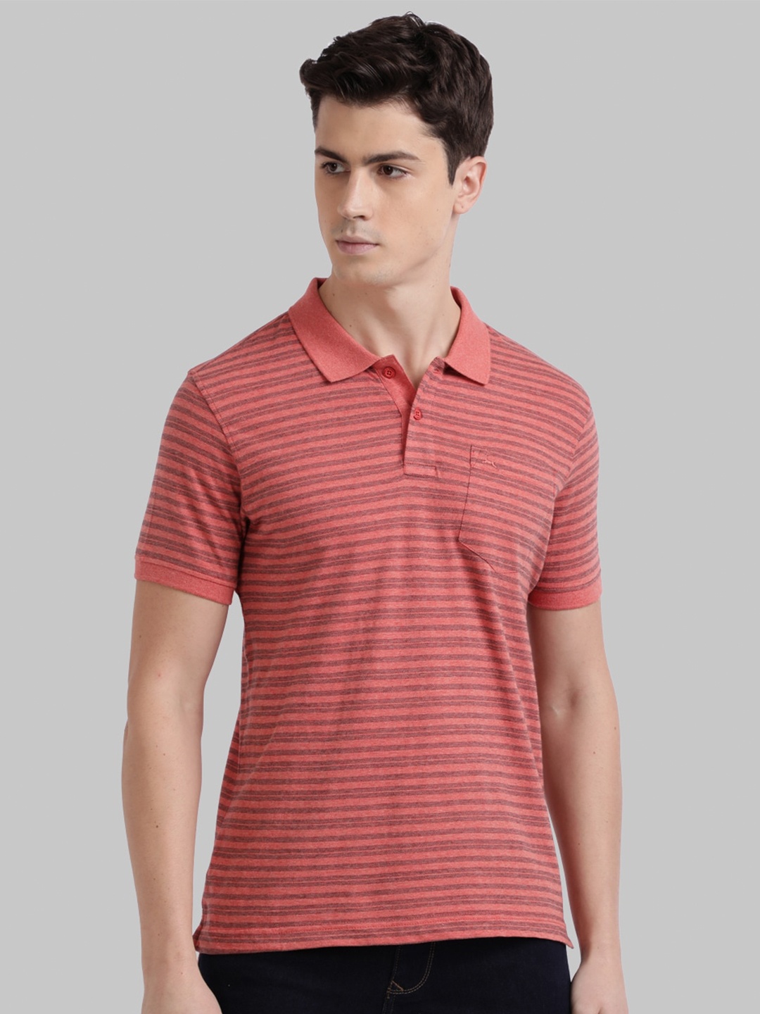 Parx Men Orange & plum Striped Polo Collar T-shirt