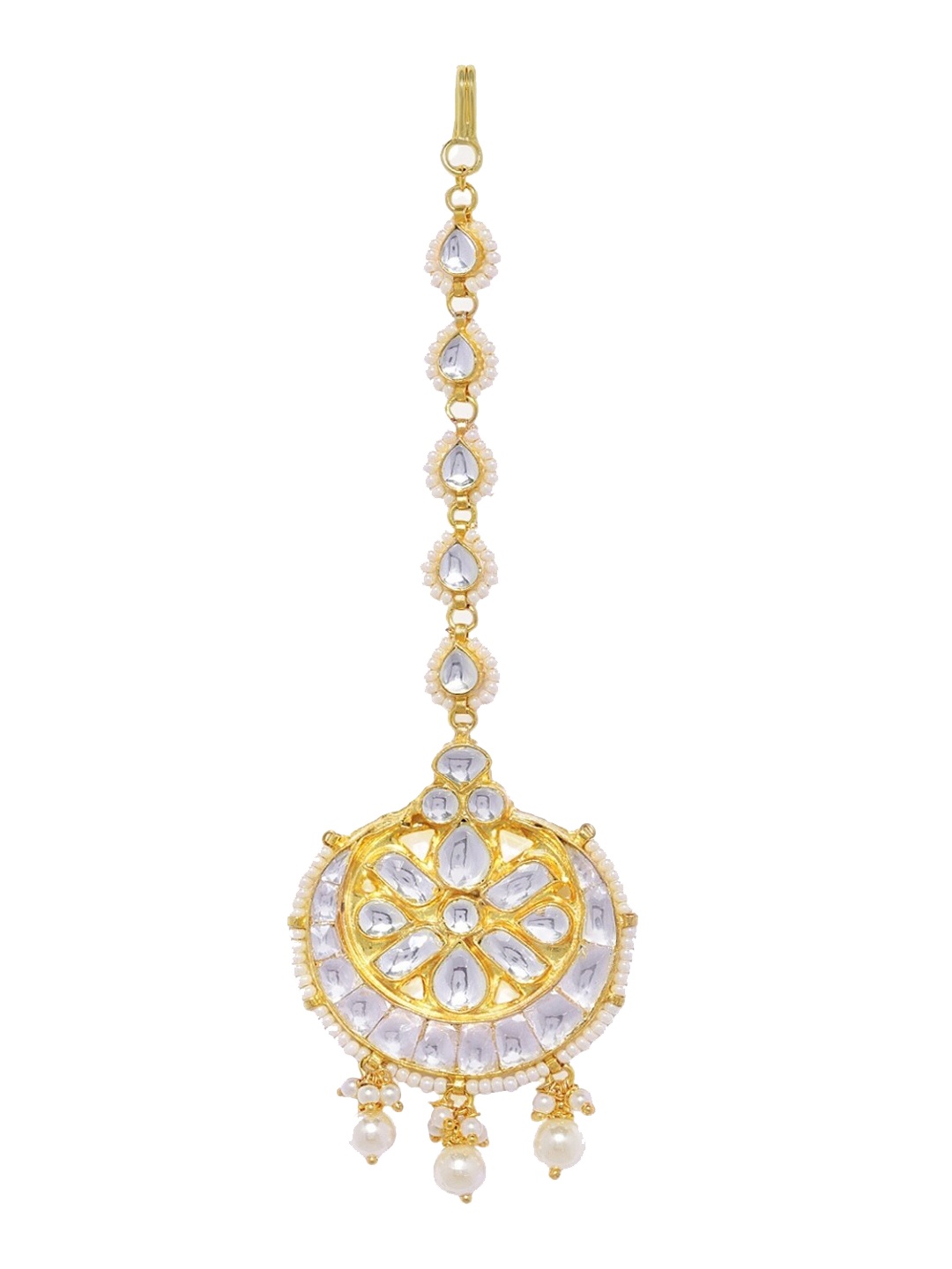 AccessHer Gold-Plated White Kundan-Studded Beaded Handcrafted Maang Tikka