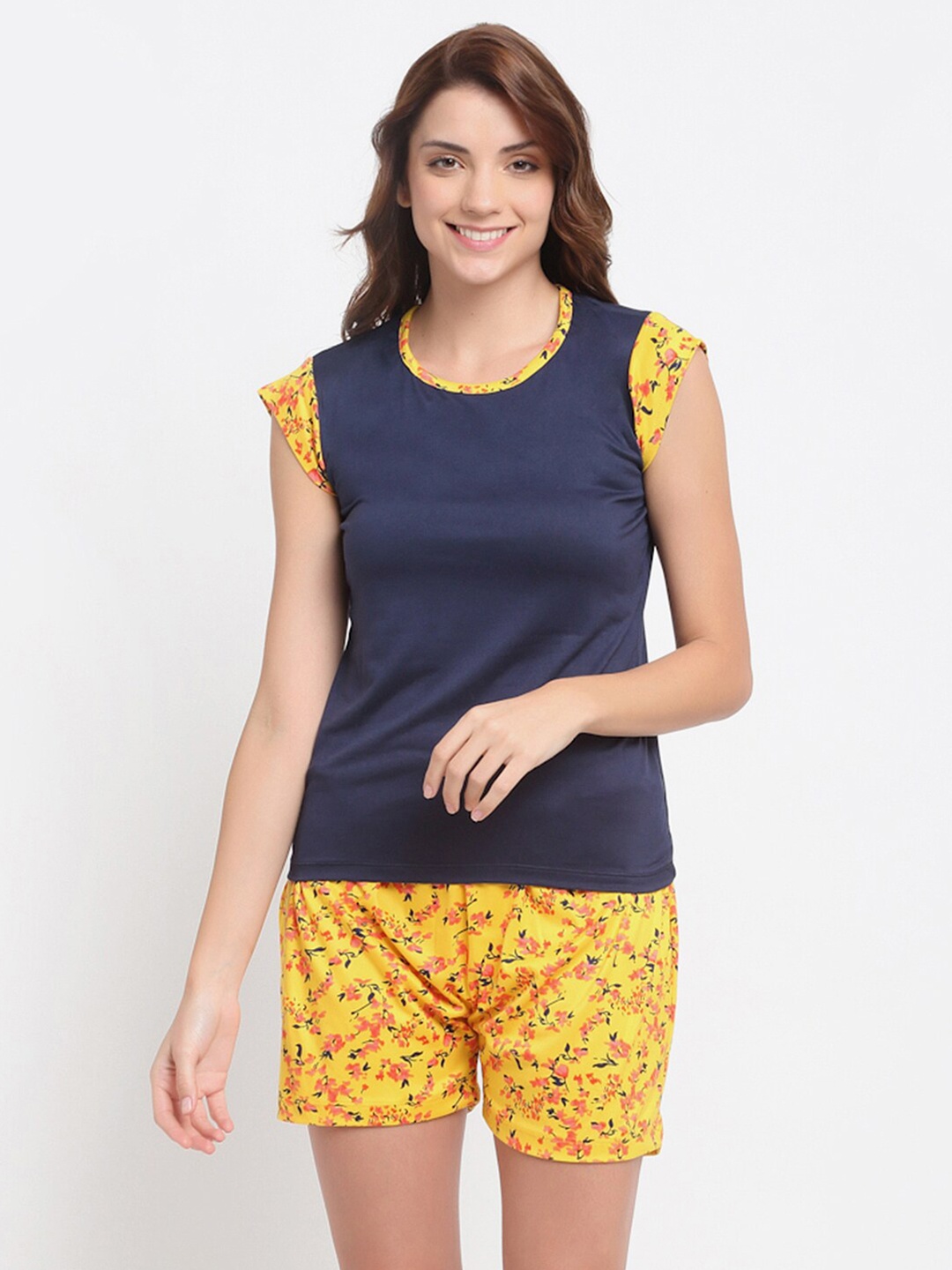 NEUDIS Women Navy Blue & Yellow Printed Night Suit