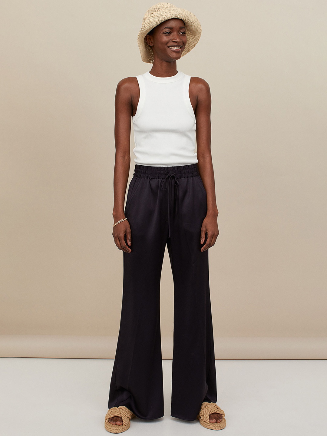 H&M Women Blue Wide Pull-On Satin Trousers