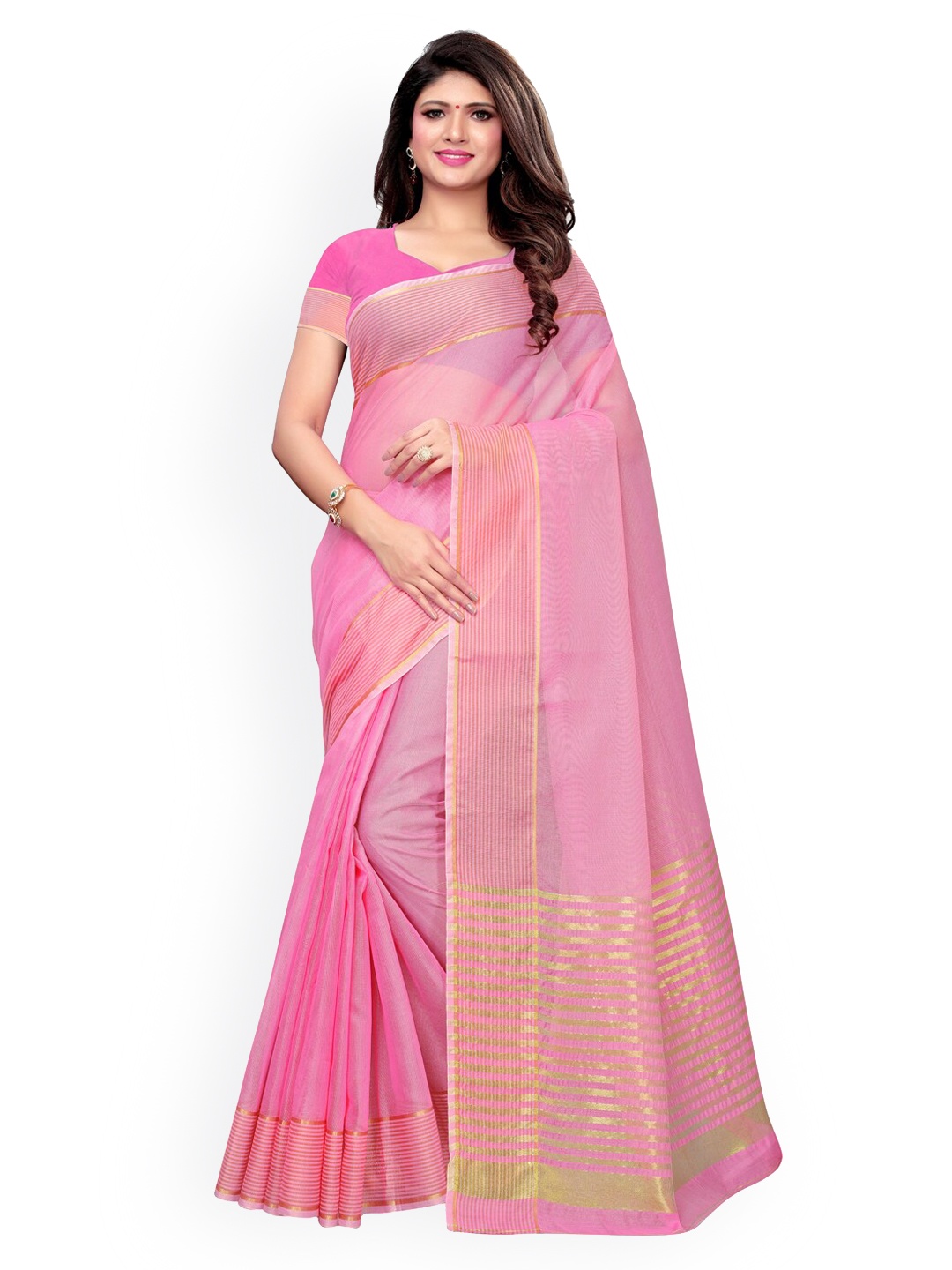 KALINI Pink Striped Embroidered Kota Saree