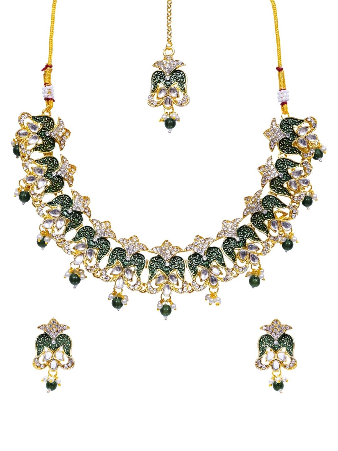 Crunchy Fashion Women Gold-Plated Green & White Stone-Studded & Beaded Meenakari Jewellery Set
Crunchy Fashion Women Gold-Plated Green & White Stone-Studded & Beaded Meenakari Jewellery Set