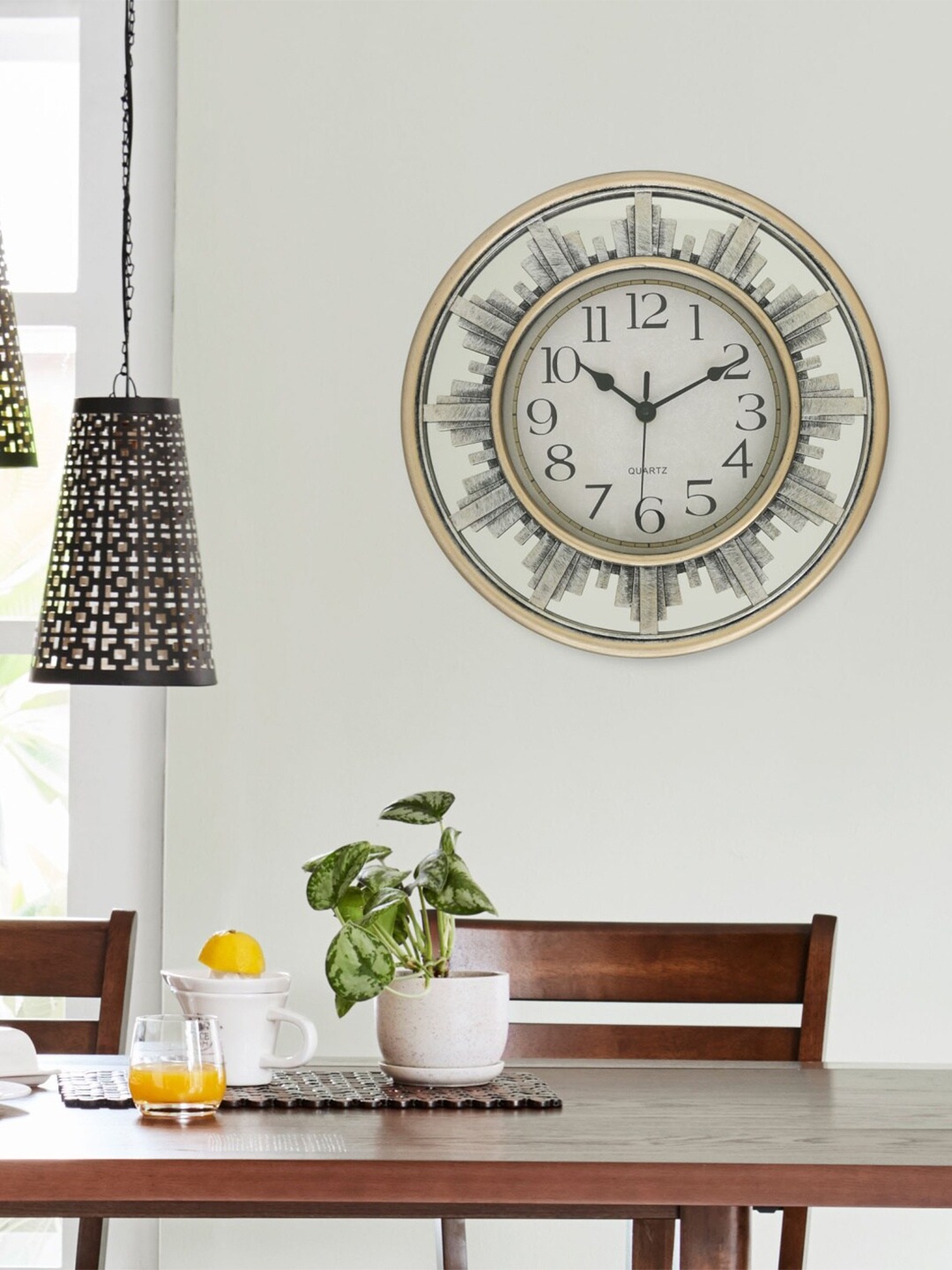 Home Centre Gold & White Textured Contemporary Wall Clock