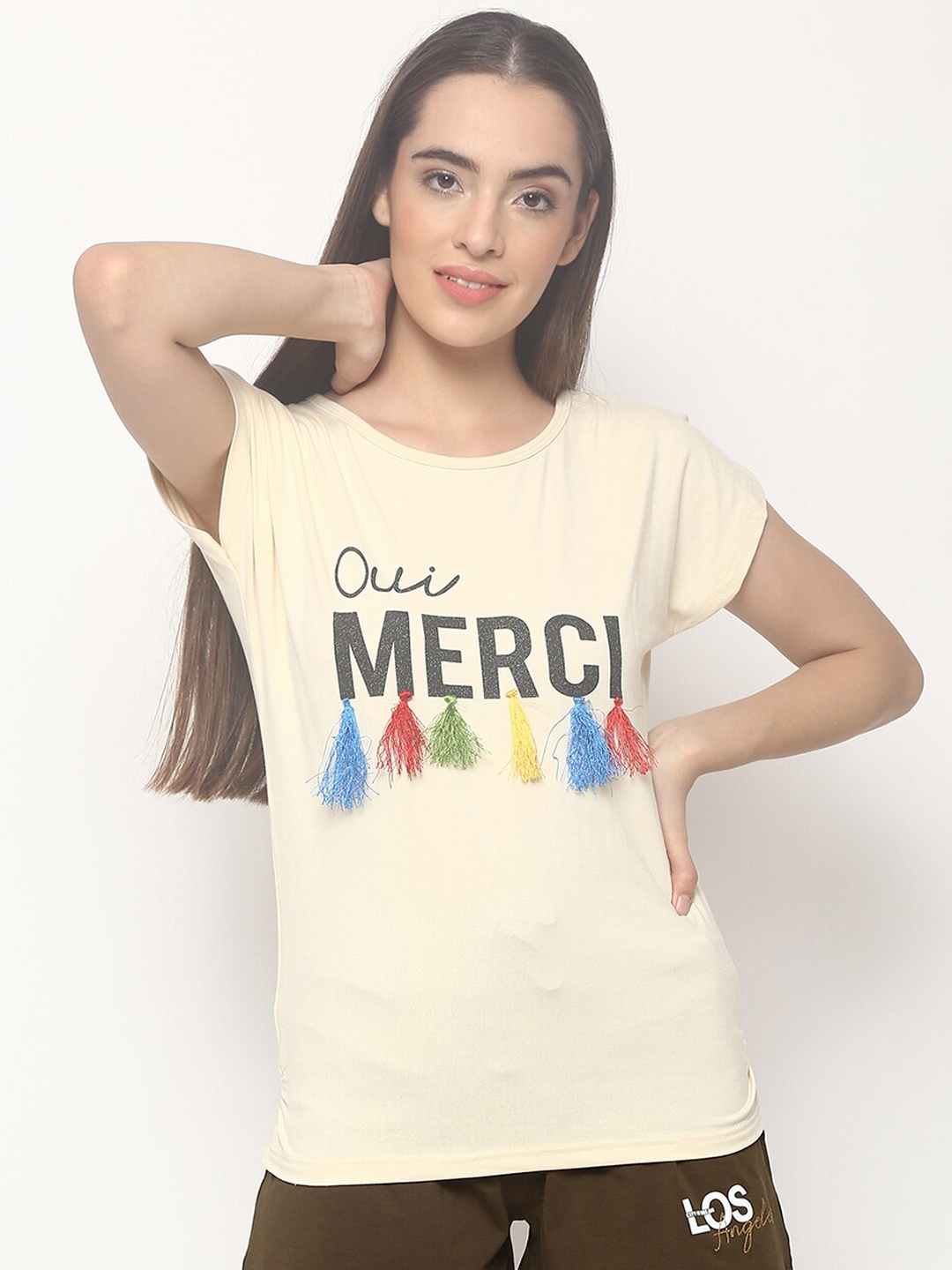 V2 Value & Variety Women Off White Typography Printed T-shirt