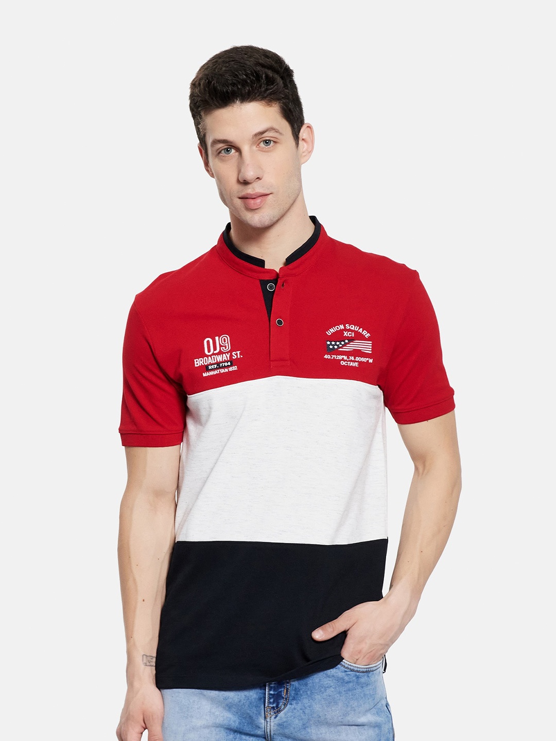 Octave Men Red Mandarin Collar Applique T-shirt