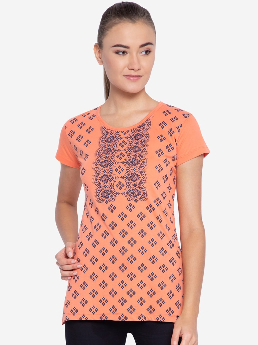 NEVA Coral Orange & Blue Geometric Regular Top