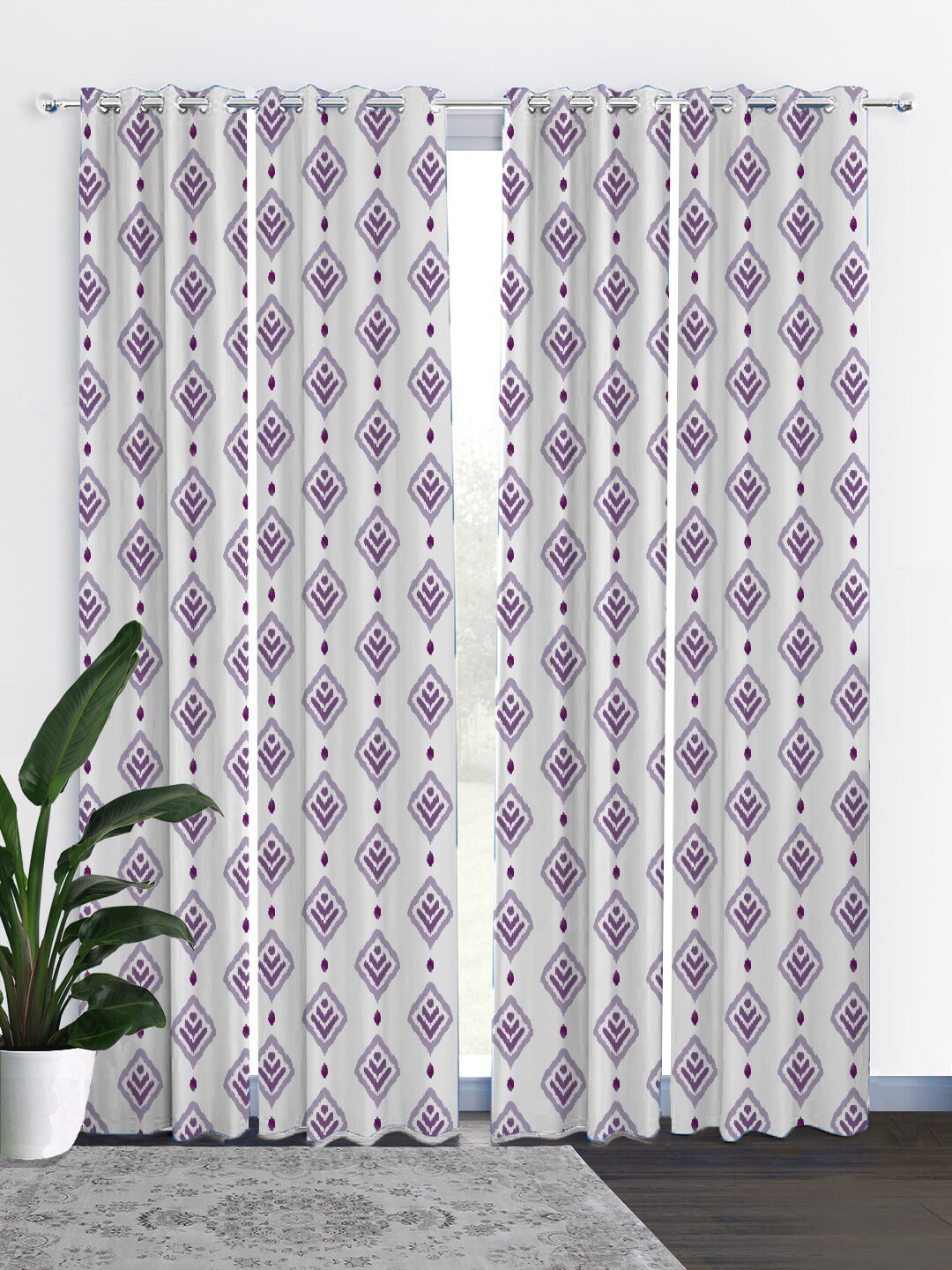 HOUZZCODE White & Purple Set of 4 Black Out Door Curtains