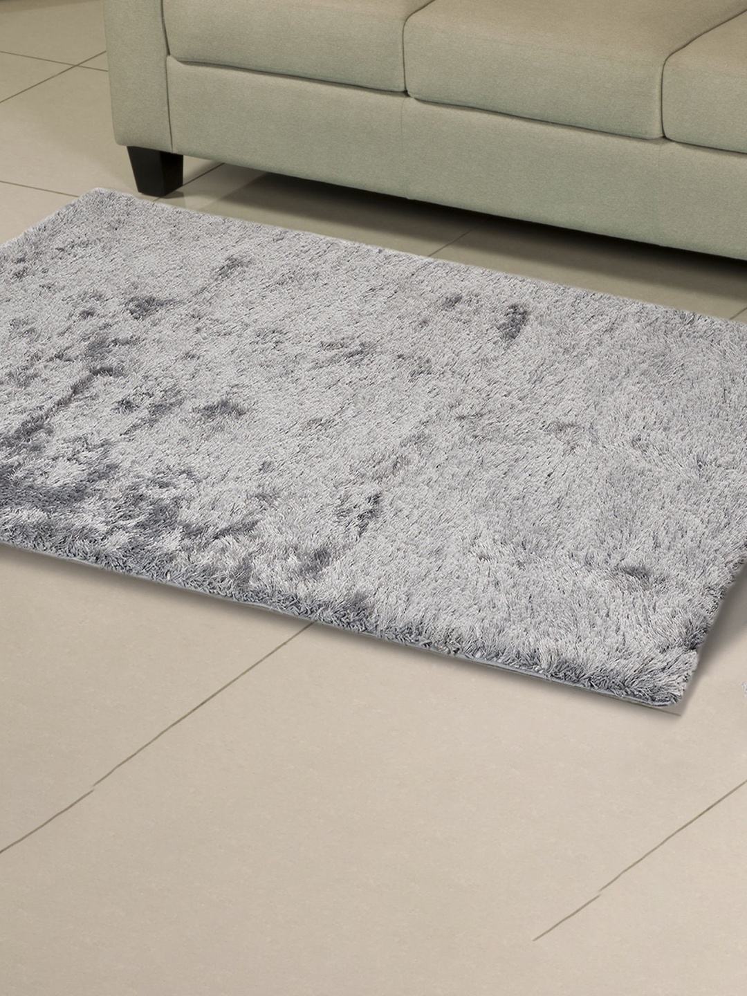 Home Centre Grey Solid Eyelash Textured Rectangular Anti-Skid Carpet