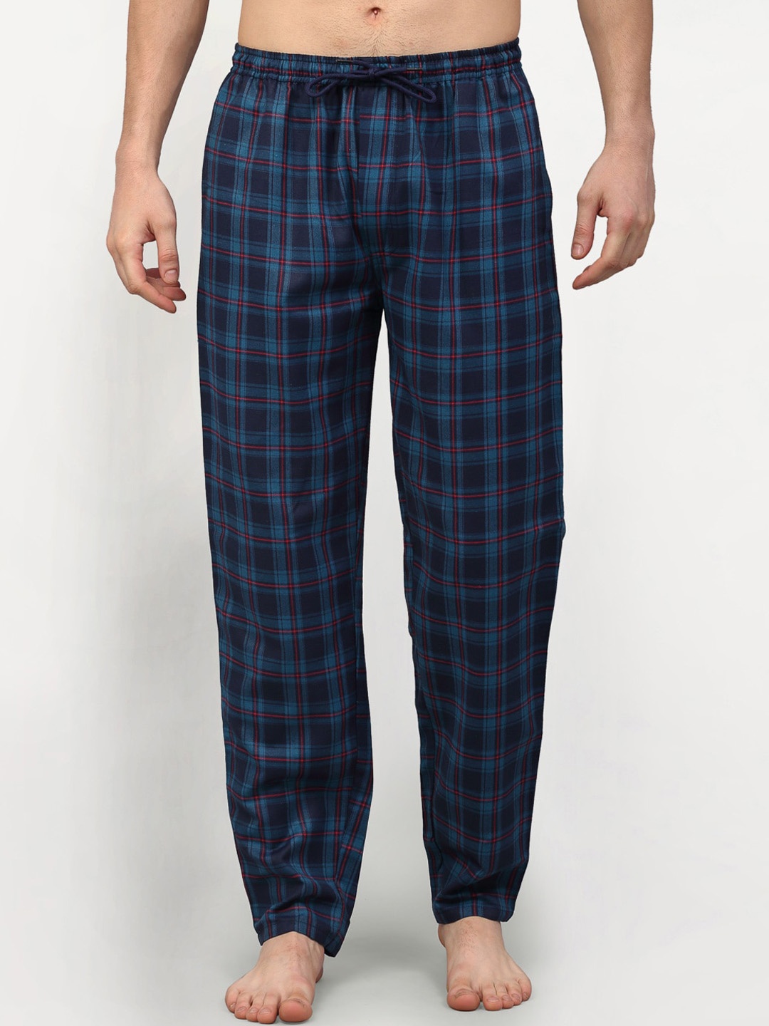 JAINISH Men Blue & Red Checked Cotton Lounge Pants