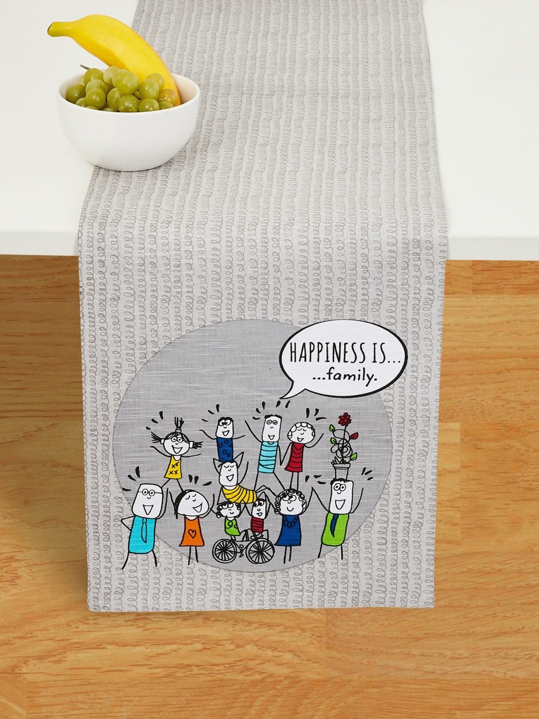 Home Centre Unisex Grey Happiness Printed Cotton Table Runner