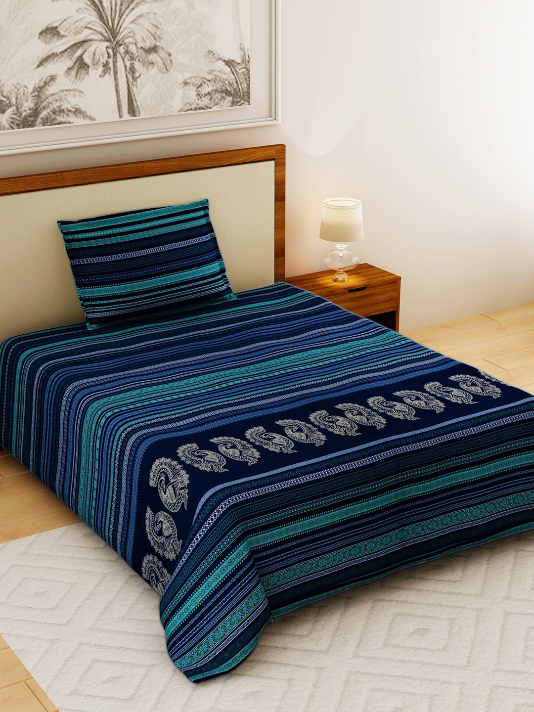 Salona Bichona Navy Blue & Sea Green Striped 120 TC Cotton 1 Single Bedsheet with 1 Pillow Covers
Salona Bichona Navy Blue & Sea Green Striped 120 TC Cotton 1 Single Bedsheet with 1 Pillow Covers