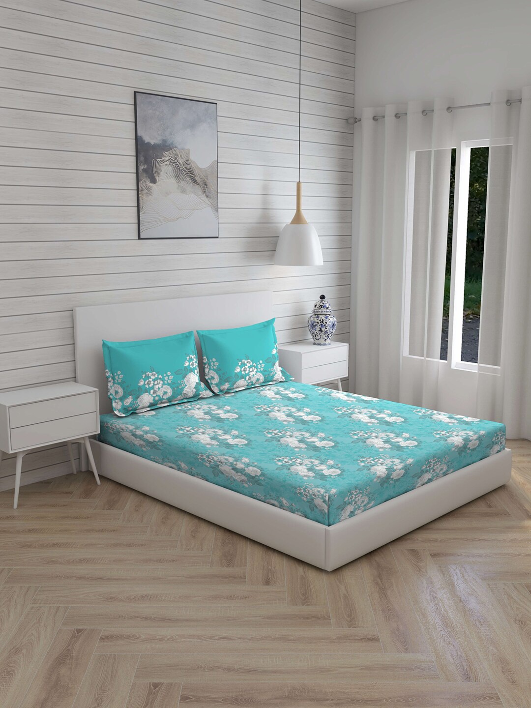 Layers Turquoise Blue & Grey Floral 104 TC Cotton 1 Queen Bedsheet with 2 Pillow Covers
Layers Turquoise Blue & Grey Floral 104 TC Cotton 1 Queen Bedsheet with 2 Pillow Covers