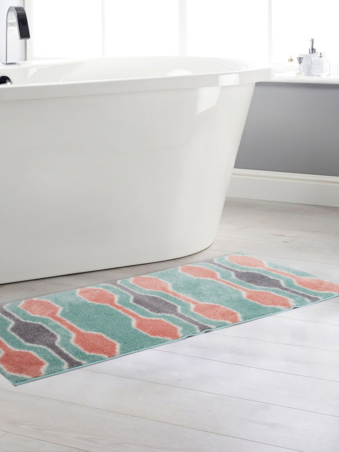Home Centre Teal-Blue & Coral-Coloured Medley Printed Bath Anti-Skid Runner