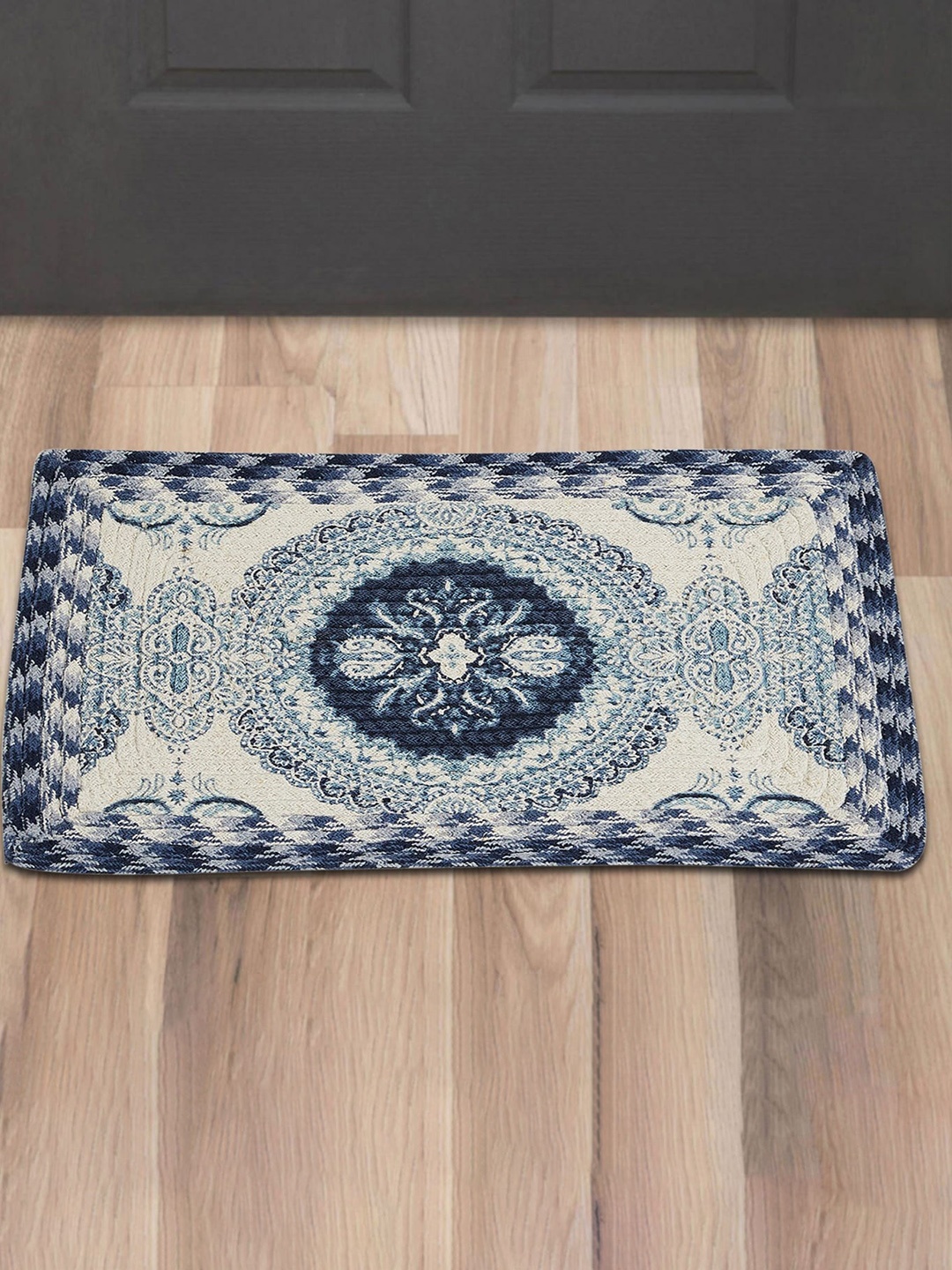 Home Centre Beige & Navy Blue Solid Elena Yarn Dyed Braided Rectangular Anti-Skid Doormat