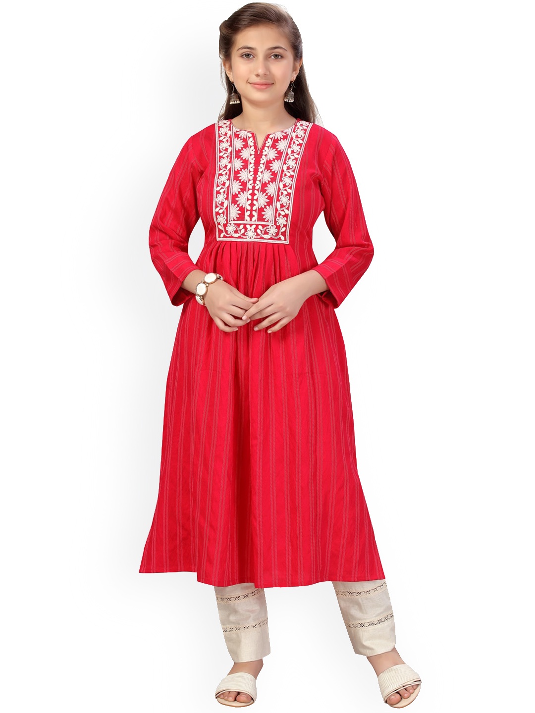 Aarika Girls Pink & Cream-Coloured Embroidered Kurta with Trousers