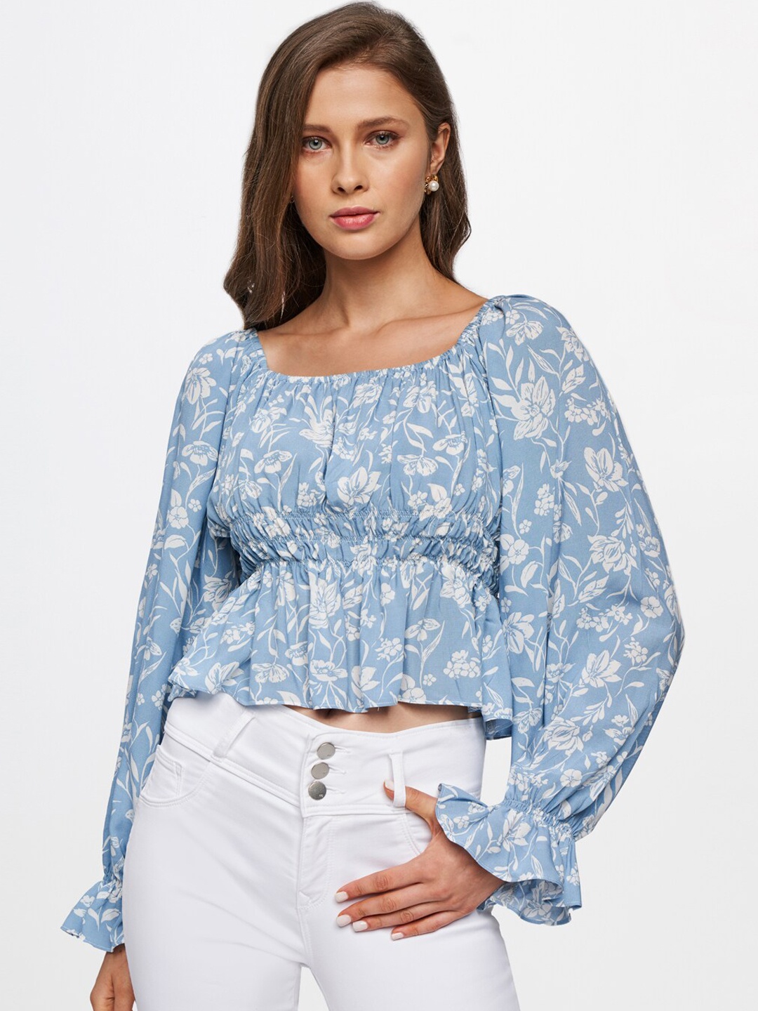 AND Blue & White Floral Cinched Waist Top
