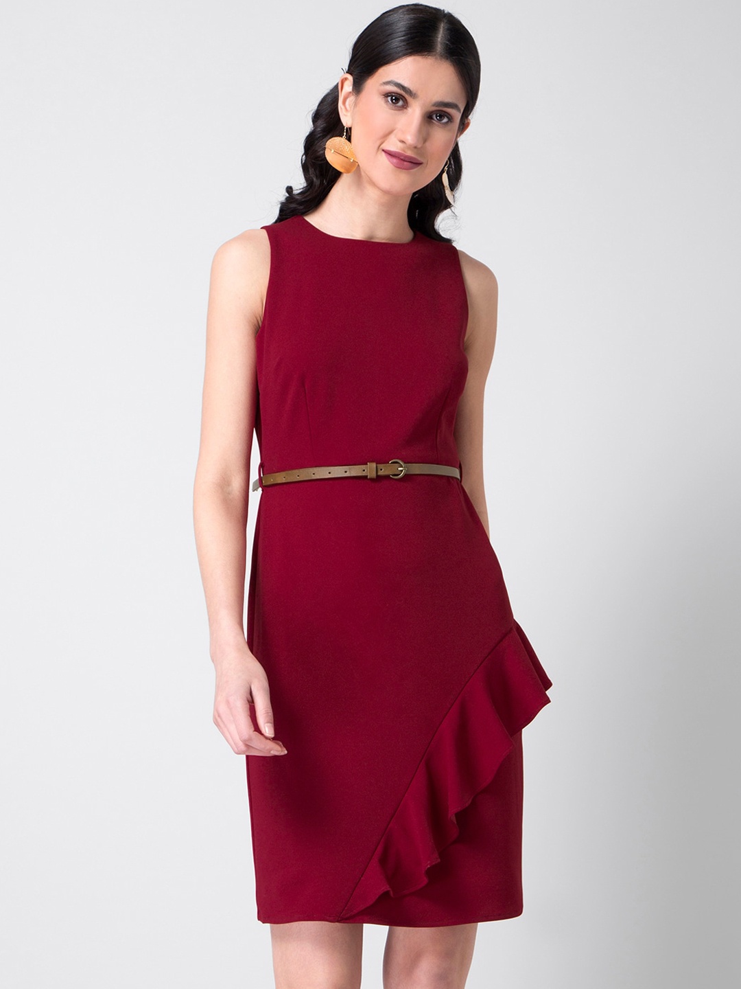FabAlley Women Maroon Solid A-Line Dress with Belt