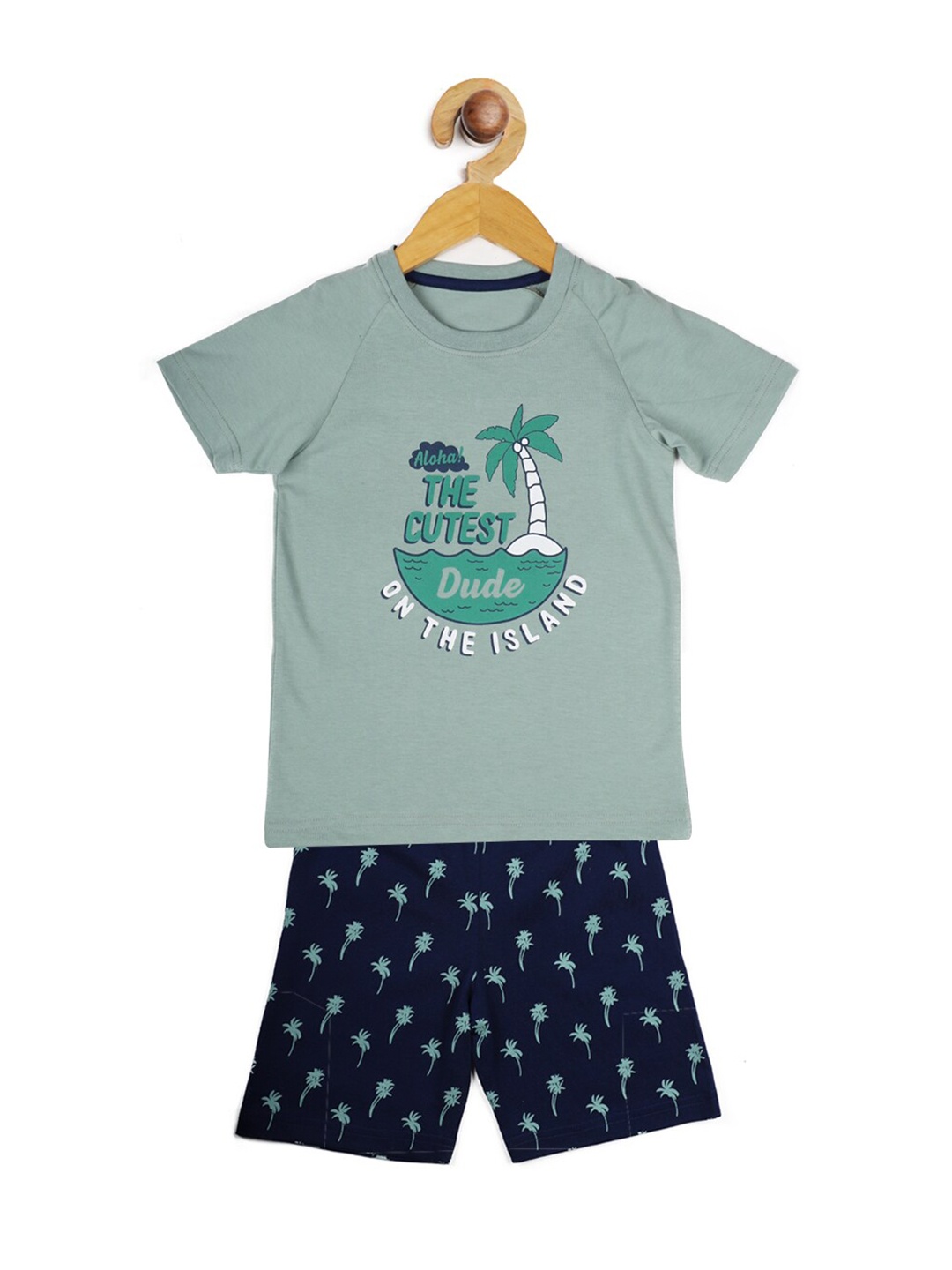 Stupid Cupid Boys Green & Navy Blue Printed T-shirt with Shorts