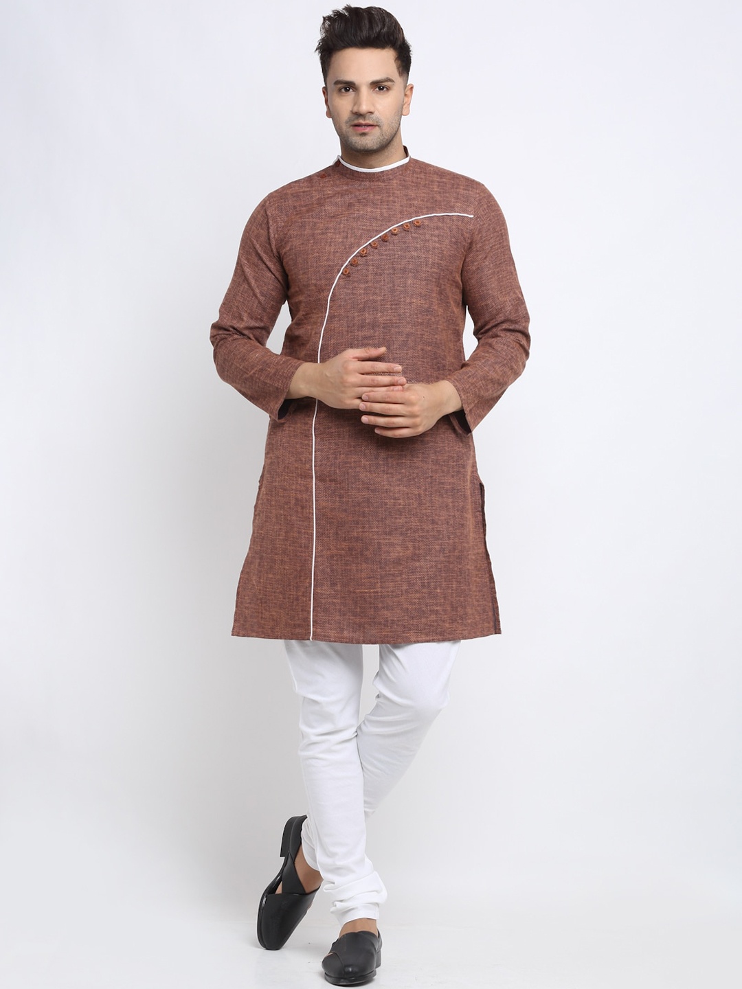 NEUDIS Men Brown & White Self Design Kurta with Churidar